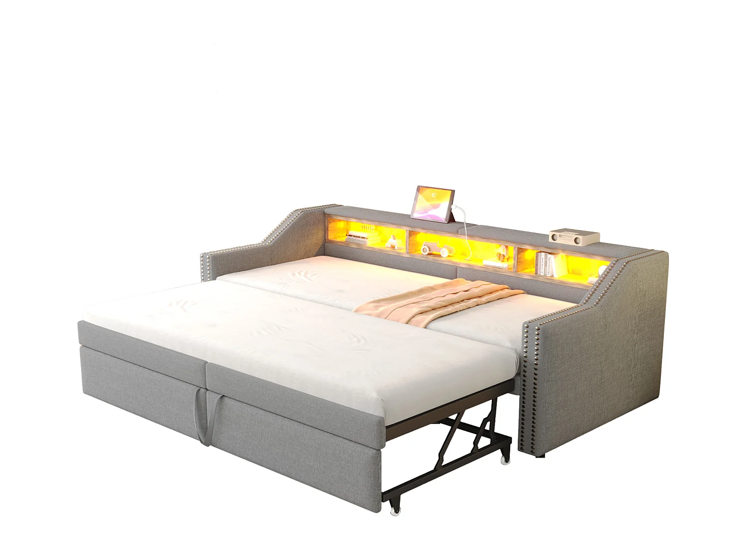 Cama infantil 90/180x200 cm cinza claro em linho, cama sofá com cama extraível, LED e USB, sem colchão