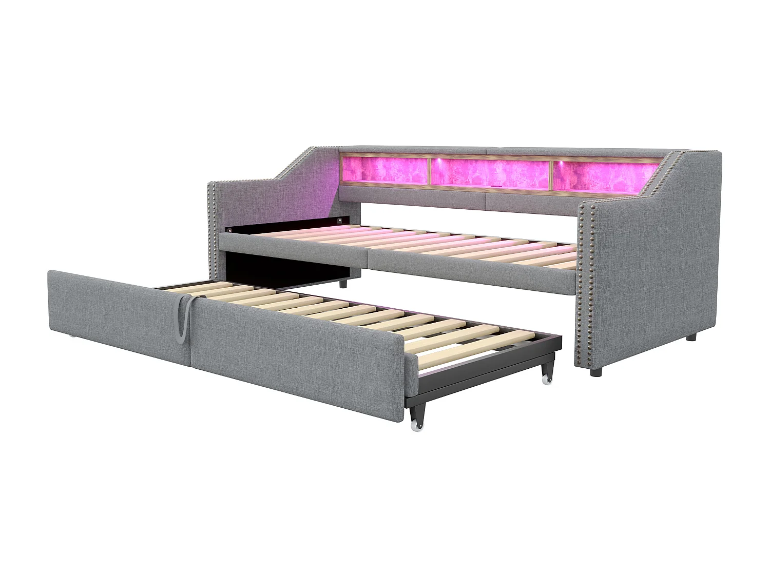 Cama infantil 90/180x200 cm cinza claro em linho, cama sofá com cama extraível, LED e USB, sem colchão