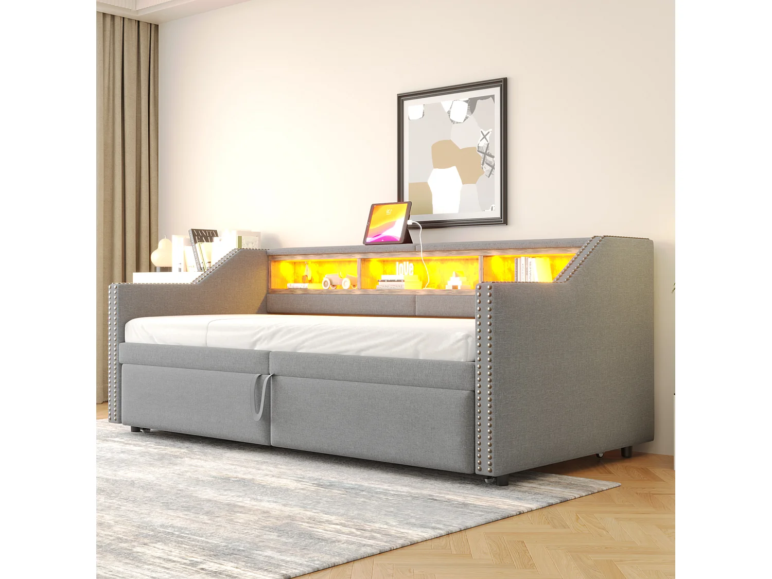 Lit enfant 90/180x200cm gris clair en lin, lit banquette gigogne avec LED et USB, sans matelas