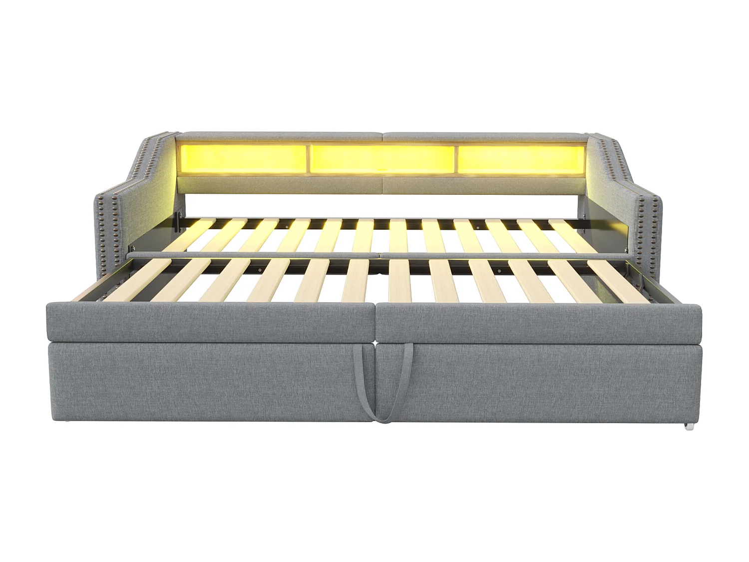 Lit enfant 90/180x200cm gris clair en lin, lit banquette gigogne avec LED et USB, sans matelas
