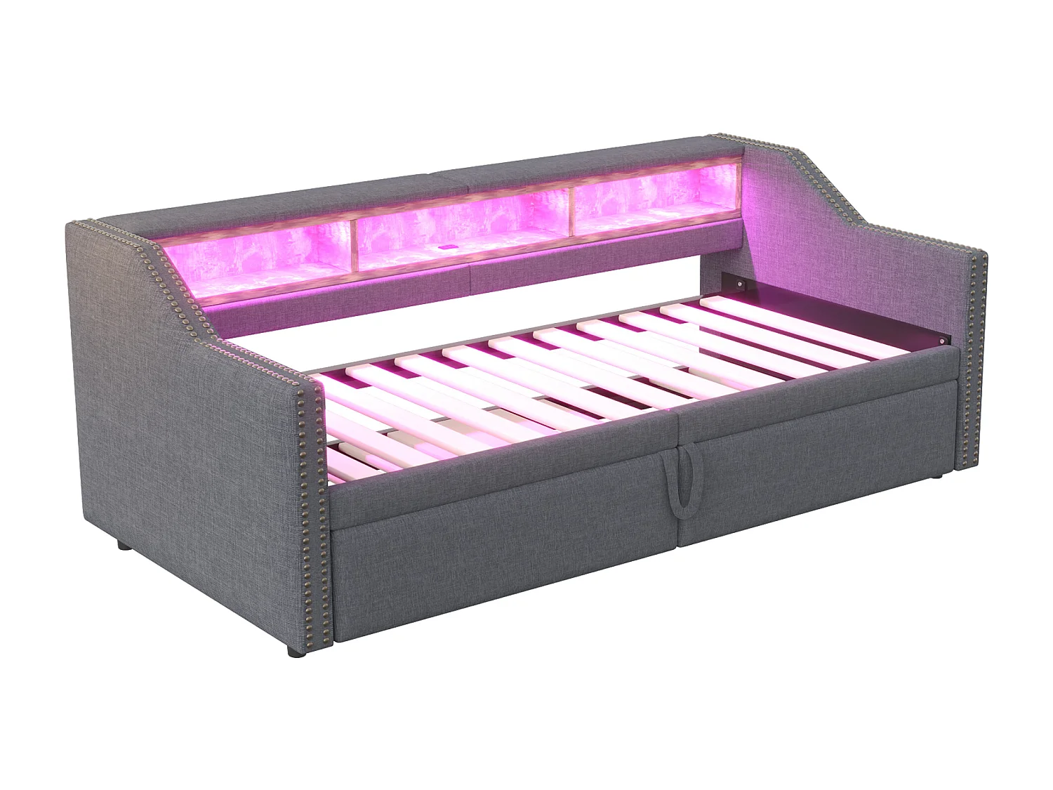 Cama infantil 90/180x200 cm gris en lino, cama nido tipo sofá con LED y puerto USB, sin colchón