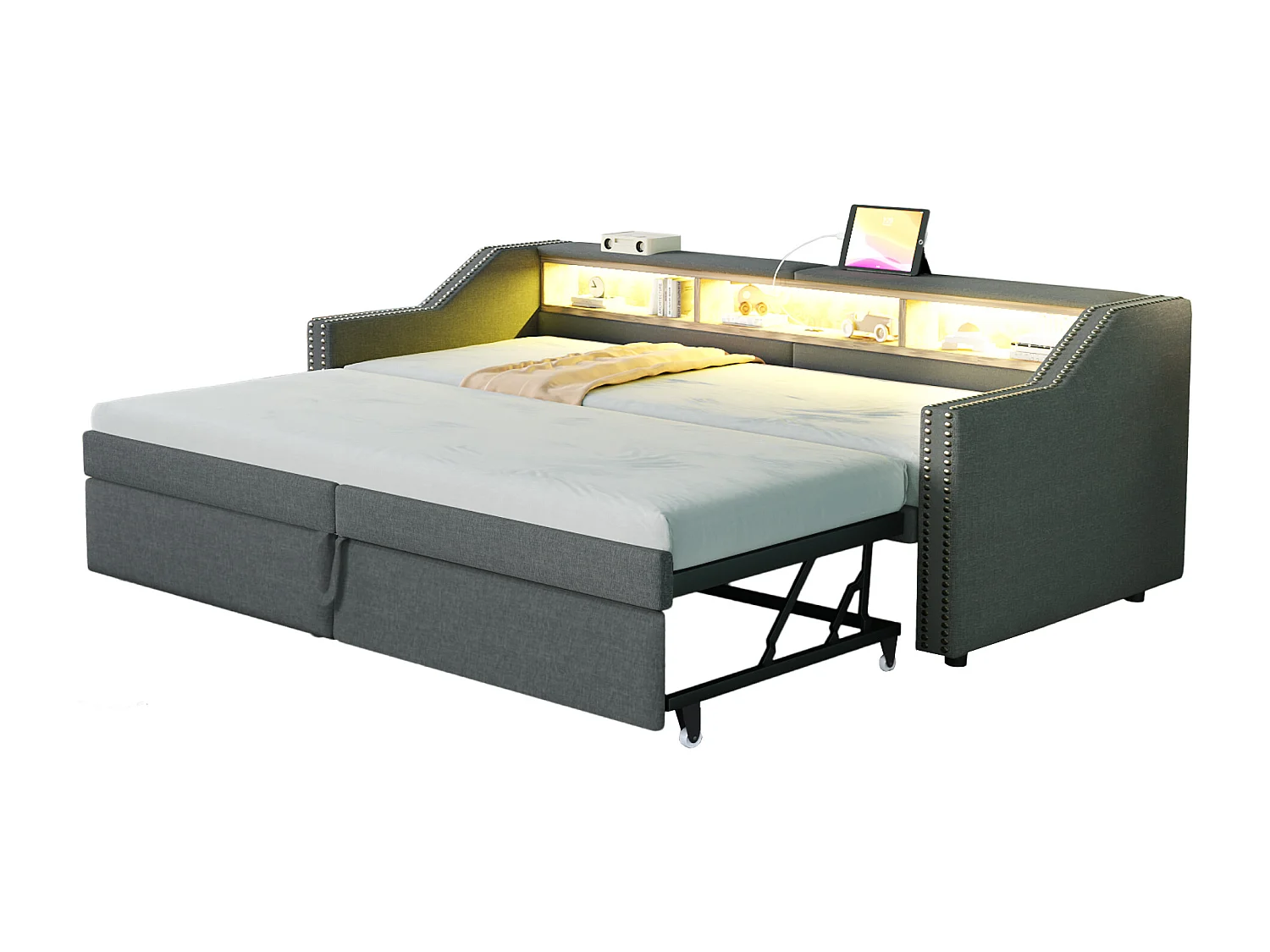 Cama infantil 90/180x200 cm gris en lino, cama nido tipo sofá con LED y puerto USB, sin colchón