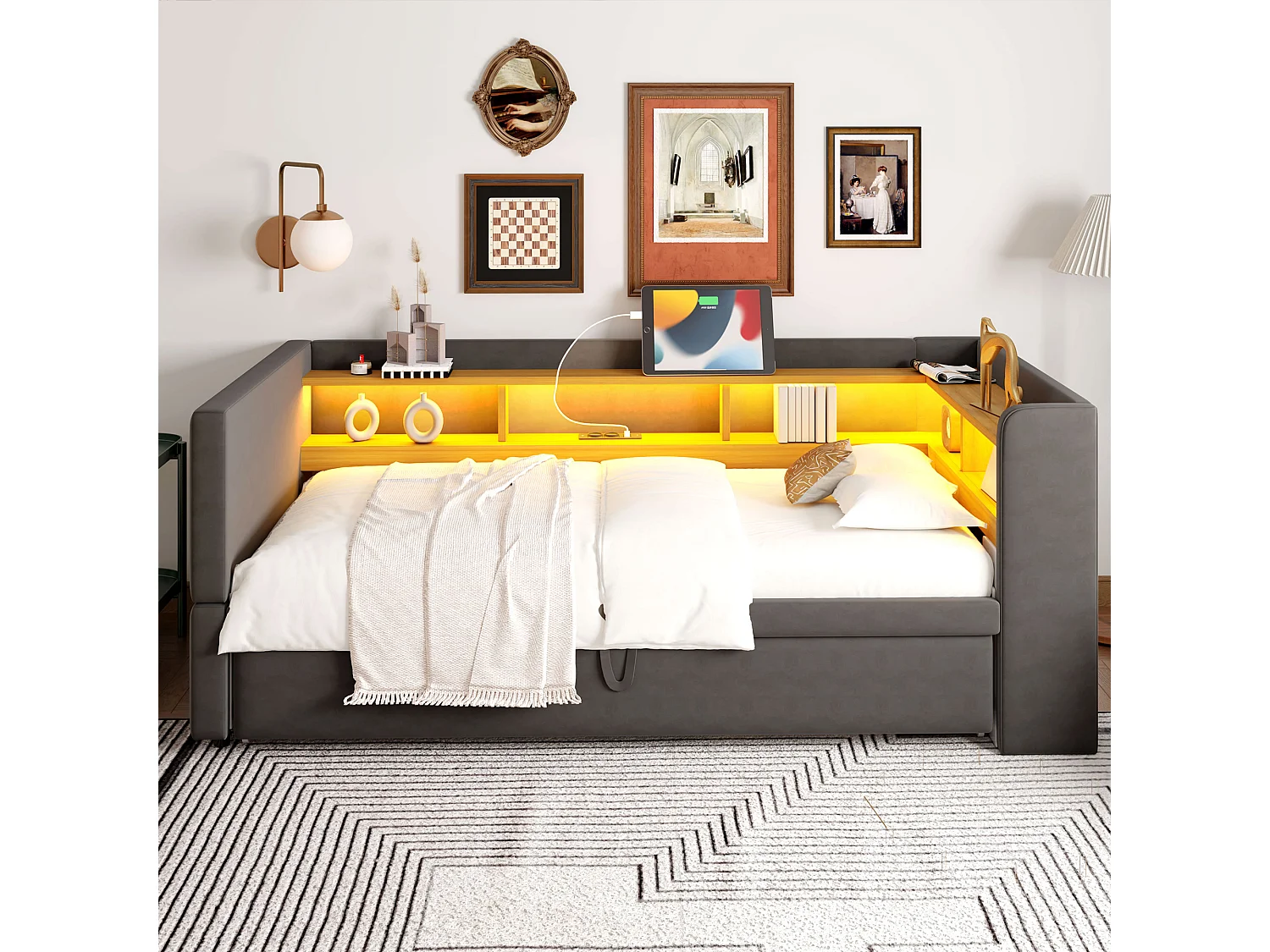 Lit enfant 90/180x190cm gris en flanelle, lit banquette gigogne avec LED et USB, sans matelas