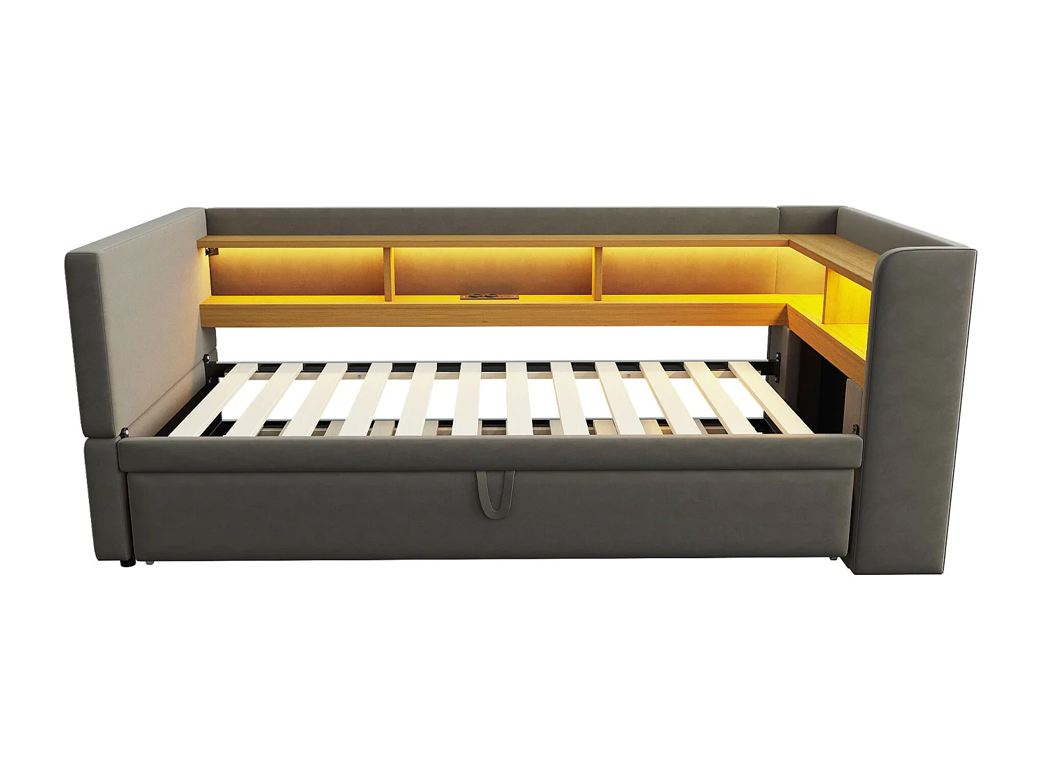 Lit enfant 90/180x190cm gris en flanelle, lit banquette gigogne avec LED et USB, sans matelas