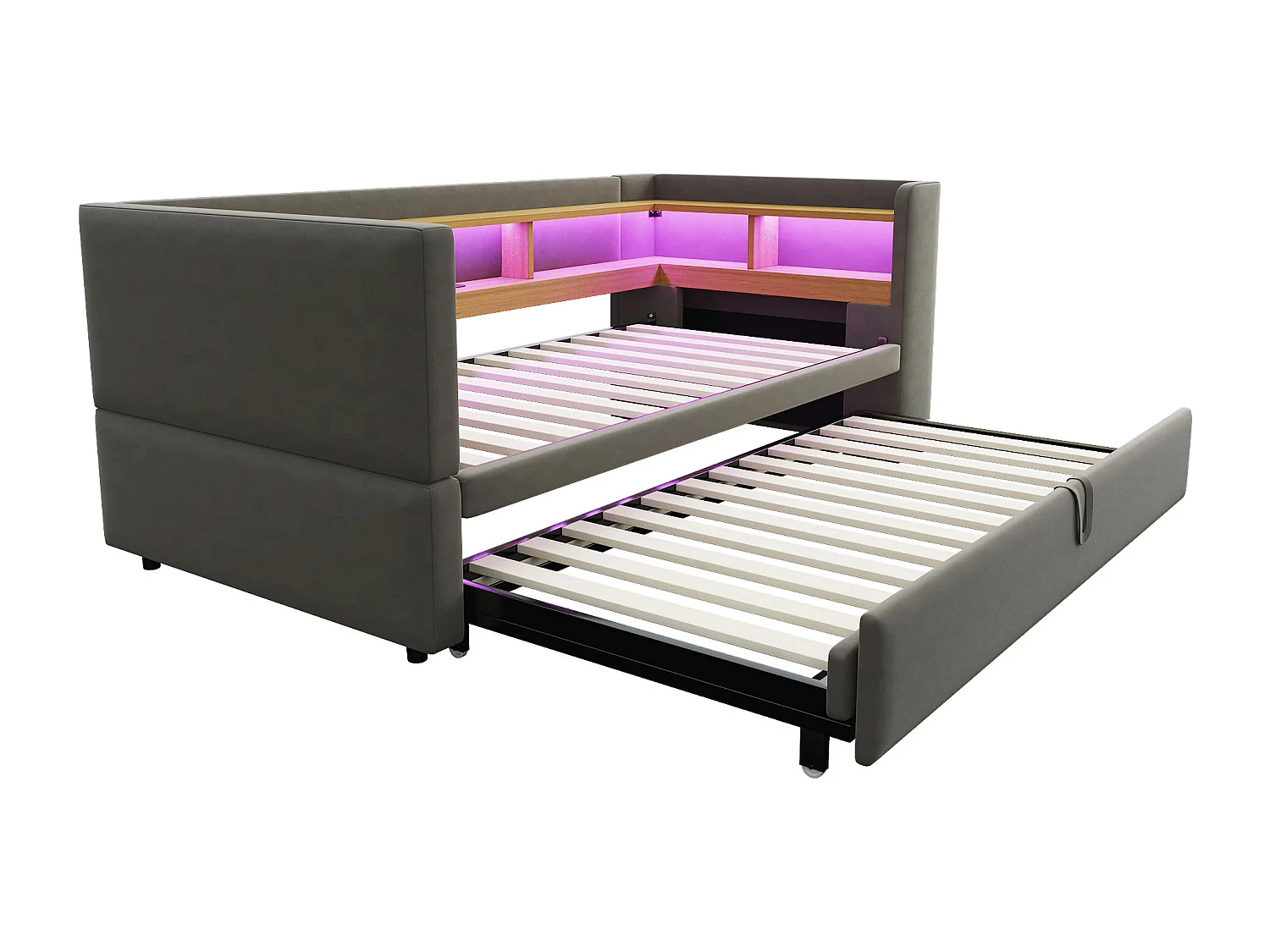 Lit enfant 90/180x190cm gris en flanelle, lit banquette gigogne avec LED et USB, sans matelas