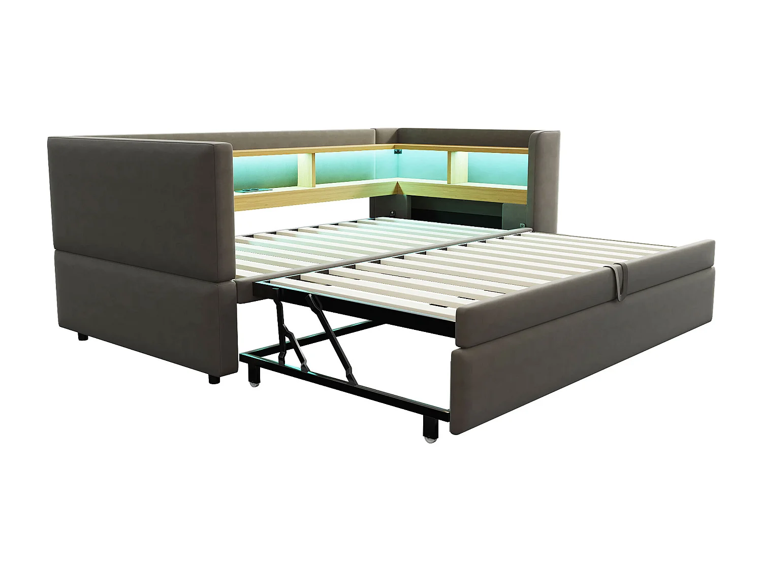 Lit enfant 90/180x190cm gris en flanelle, lit banquette gigogne avec LED et USB, sans matelas