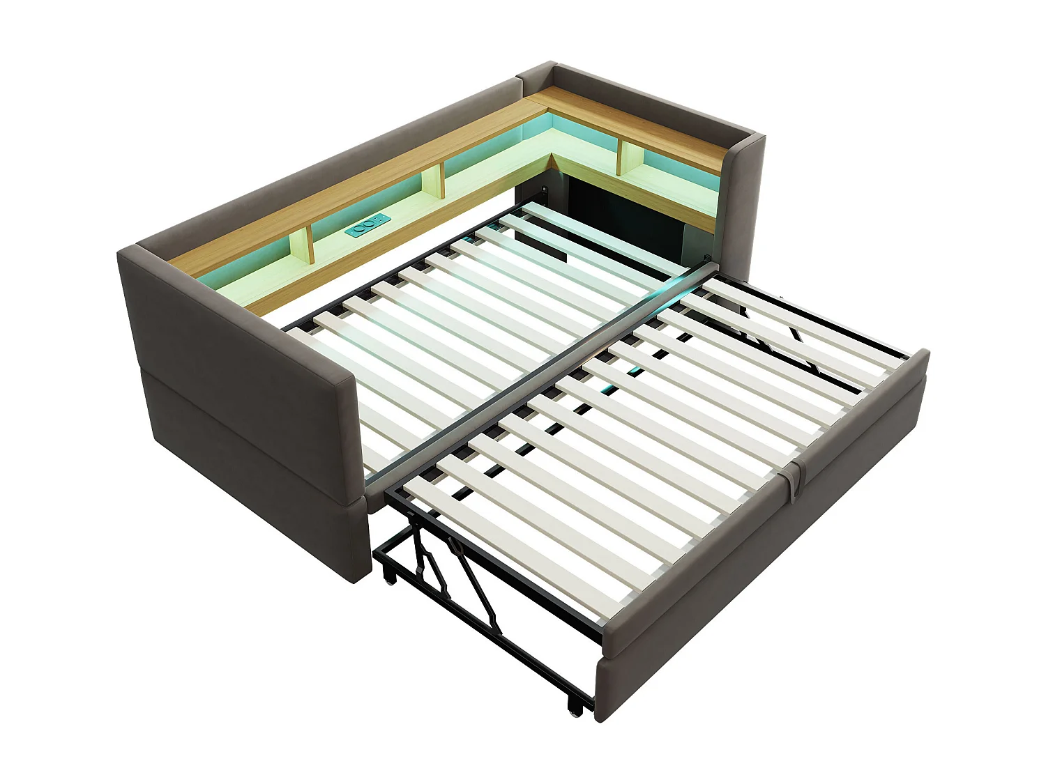 Kinderbed 90/180x190 cm grijs in flanel, slaapbank met uitschuifbed, LED en USB, zonder matras