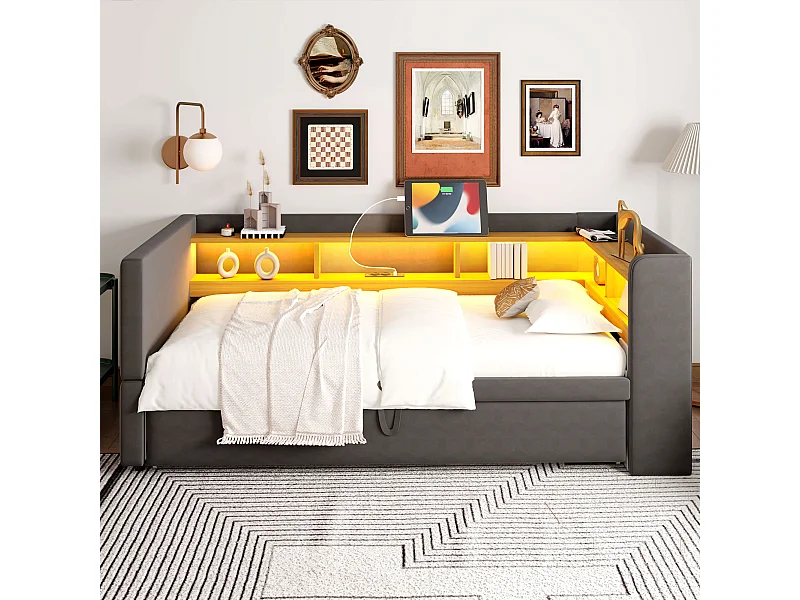 Lit enfant 90/180x190cm gris en flanelle, lit banquette gigogne avec LED et USB, sans matelas