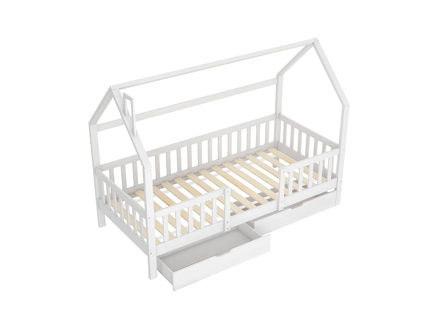 Lit cabane enfant 90x200cm avec barrières de sécurité et 2 tiroirs, cadre en pin, blanc, sans matelas