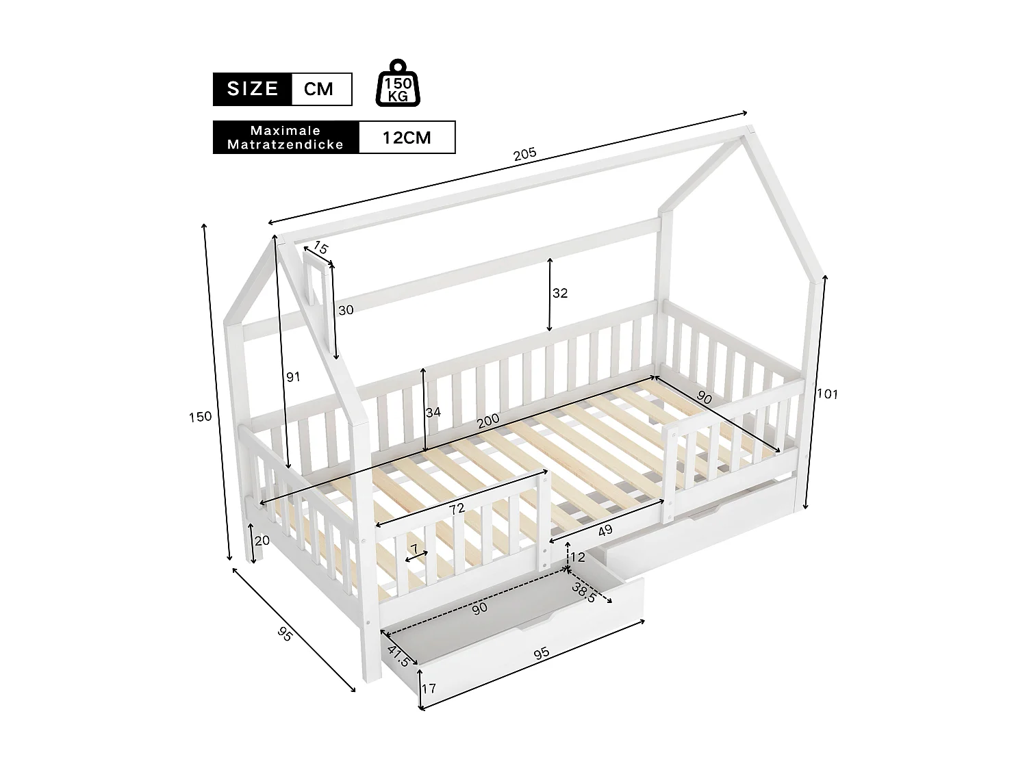Lit cabane enfant 90x200cm avec barrières de sécurité et 2 tiroirs, cadre en pin, blanc, sans matelas