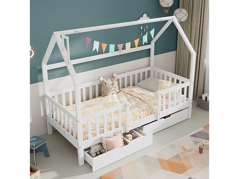 Lit cabane enfant 90x200cm avec barrières de sécurité et 2 tiroirs, cadre en pin, blanc, sans matelas