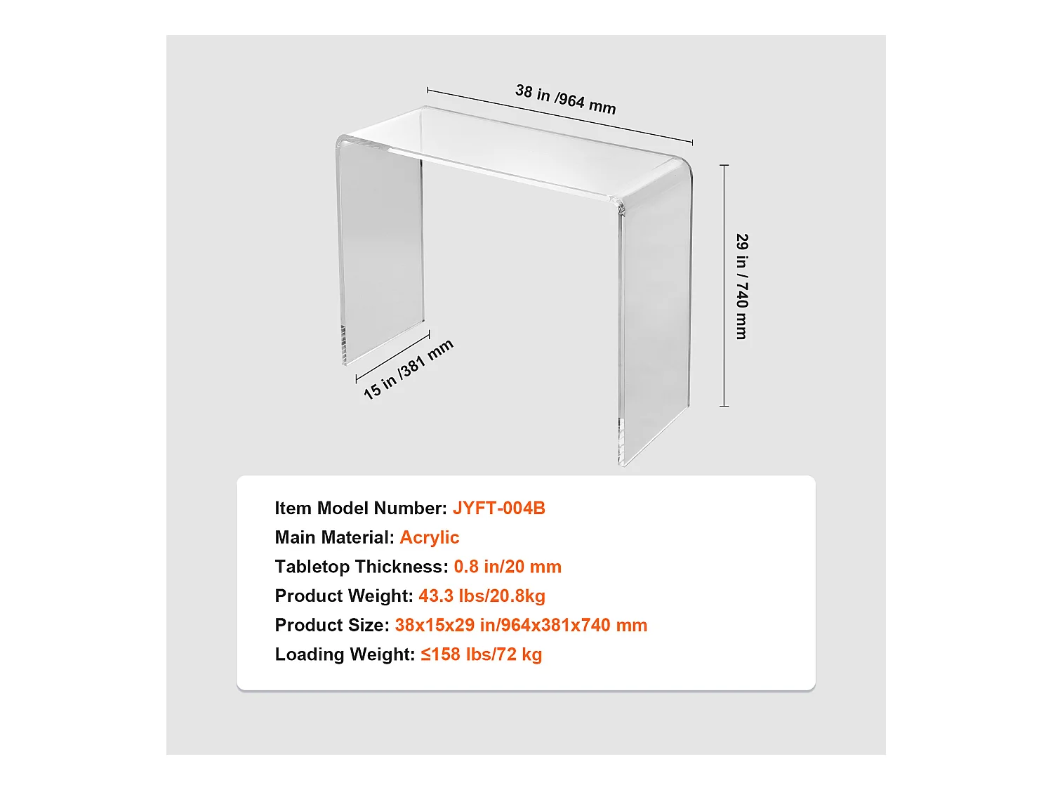 Table Console en Acrylique SucceBuy, Table D'Appoint Transparente pour Hall D'Entrée, 97 X 38 X 74 CM