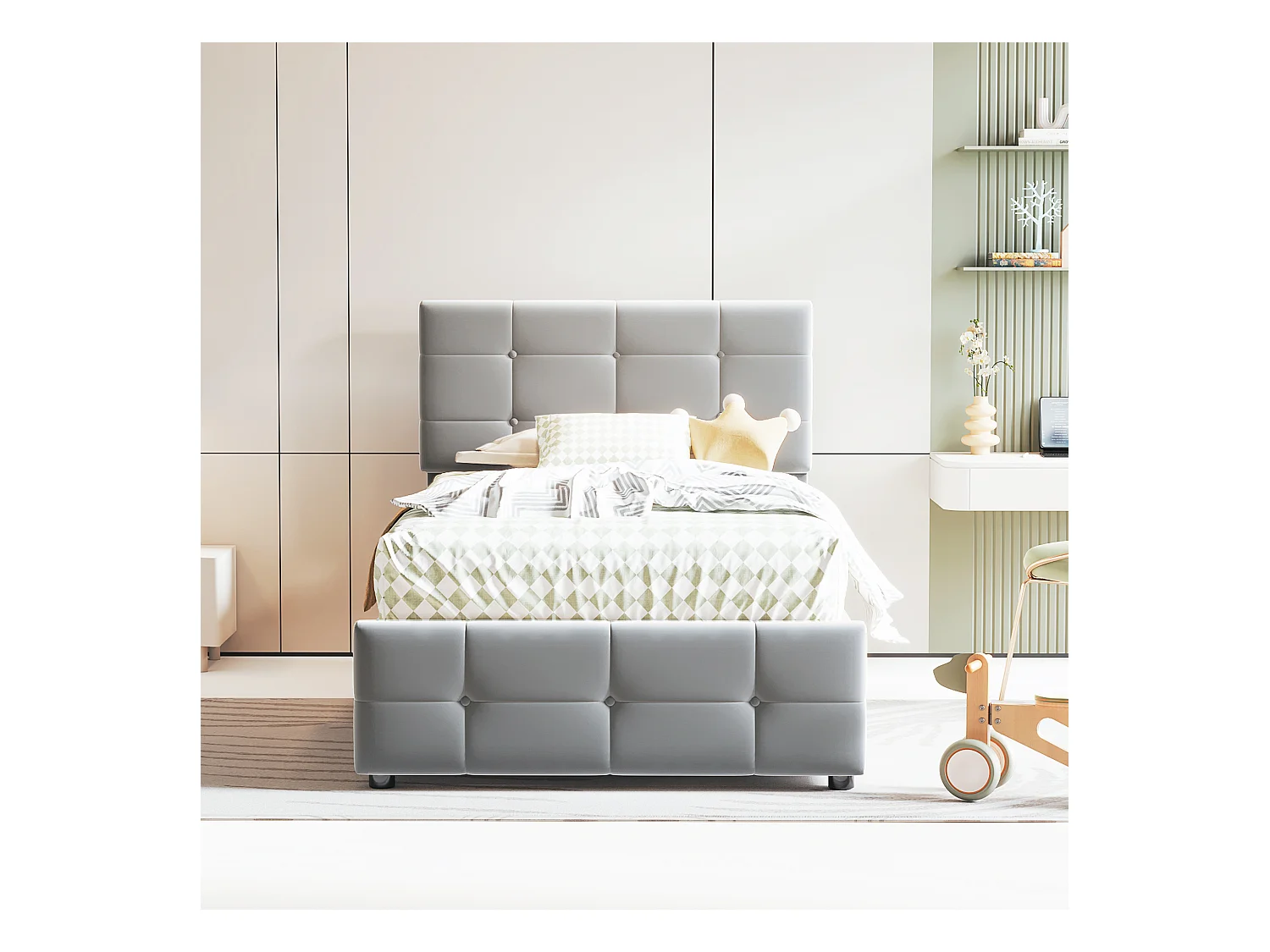Lit coffre enfant 90x200cm gris en velours, tête de lit réglable en hauteur, sommier à lattes, sans matelas