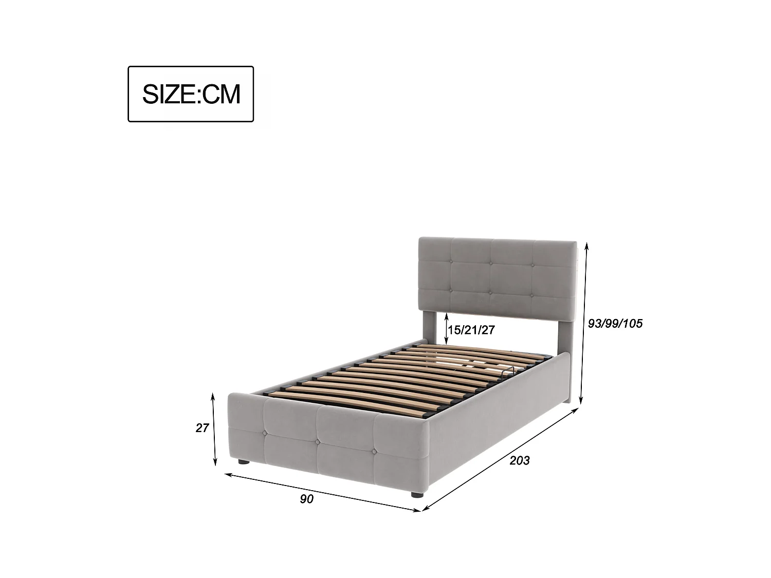 Lit coffre enfant 90x200cm gris en velours, tête de lit réglable en hauteur, sommier à lattes, sans matelas