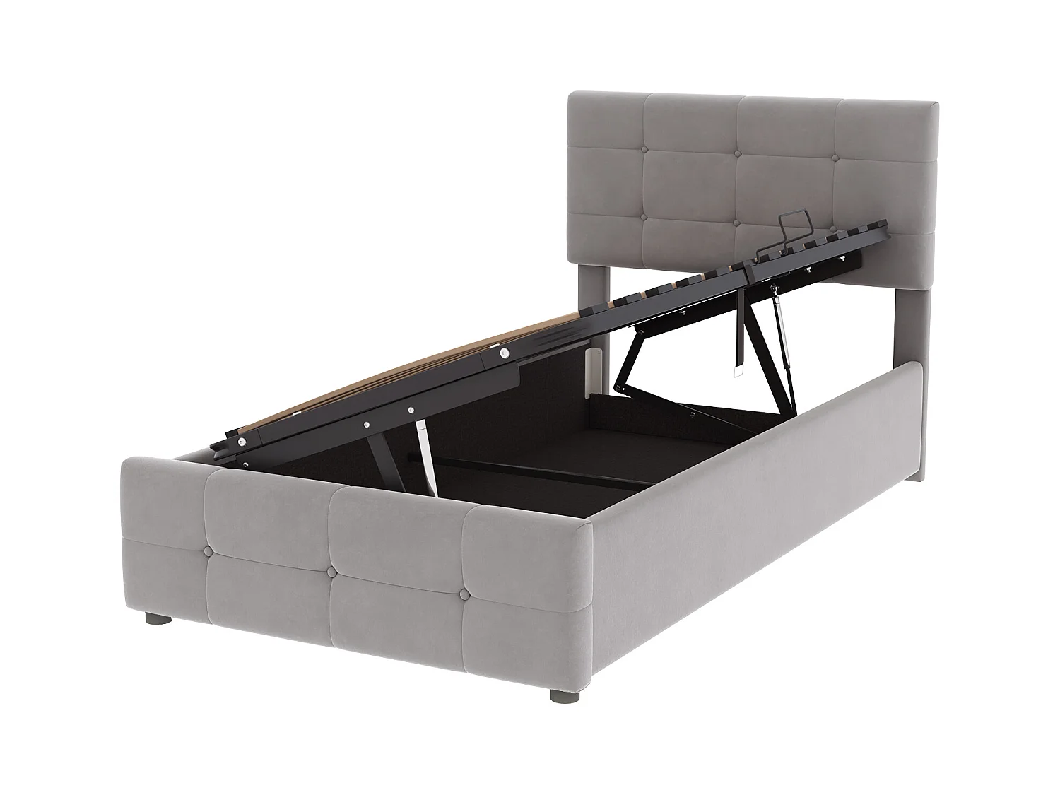 Lit coffre enfant 90x200cm gris en velours, tête de lit réglable en hauteur, sommier à lattes, sans matelas