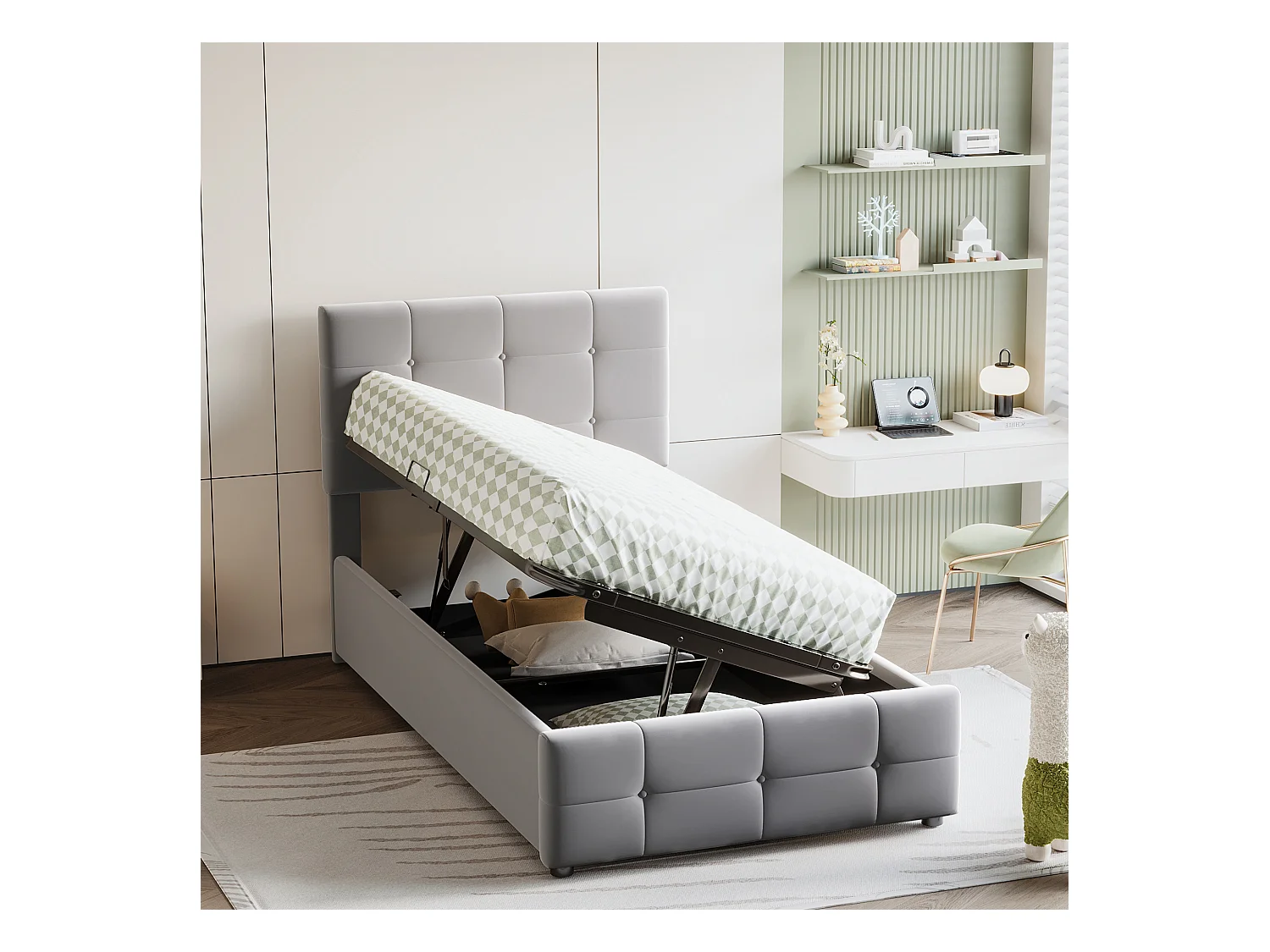 Lit coffre enfant 90x200cm gris en velours, tête de lit réglable en hauteur, sommier à lattes, sans matelas