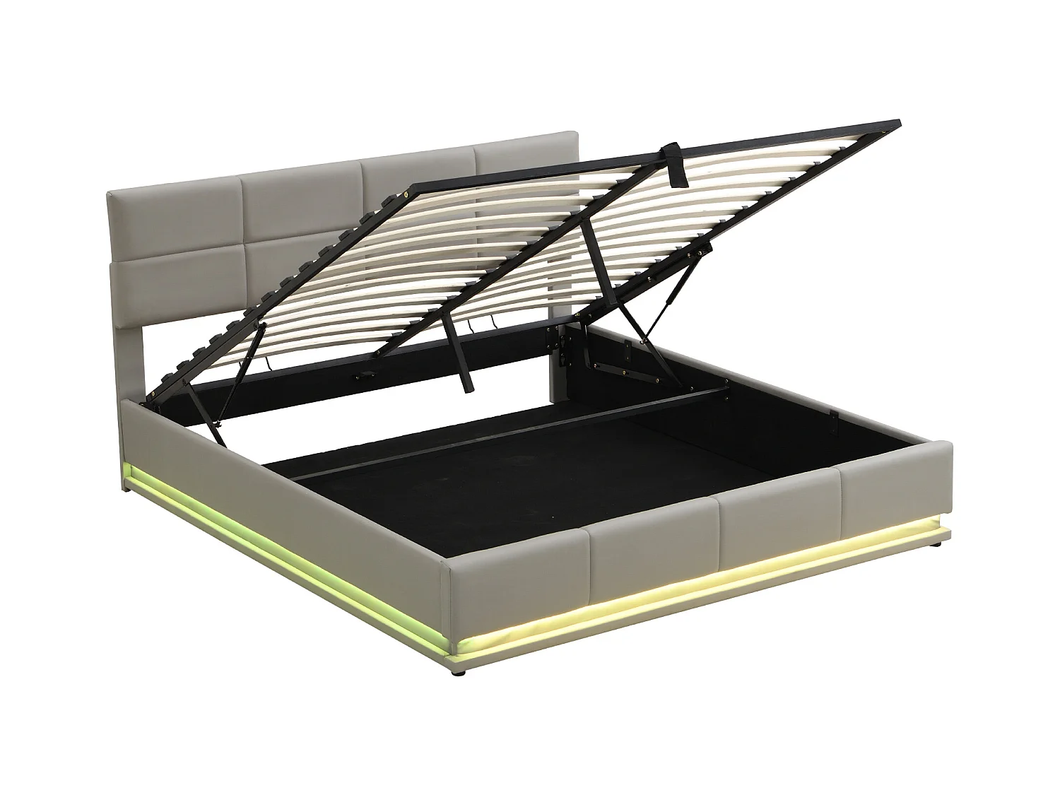 Lit coffre adulte 180x200cm gris clair en PU, tête de lit réglable en hauteur, sommier à lattes, sans matelas