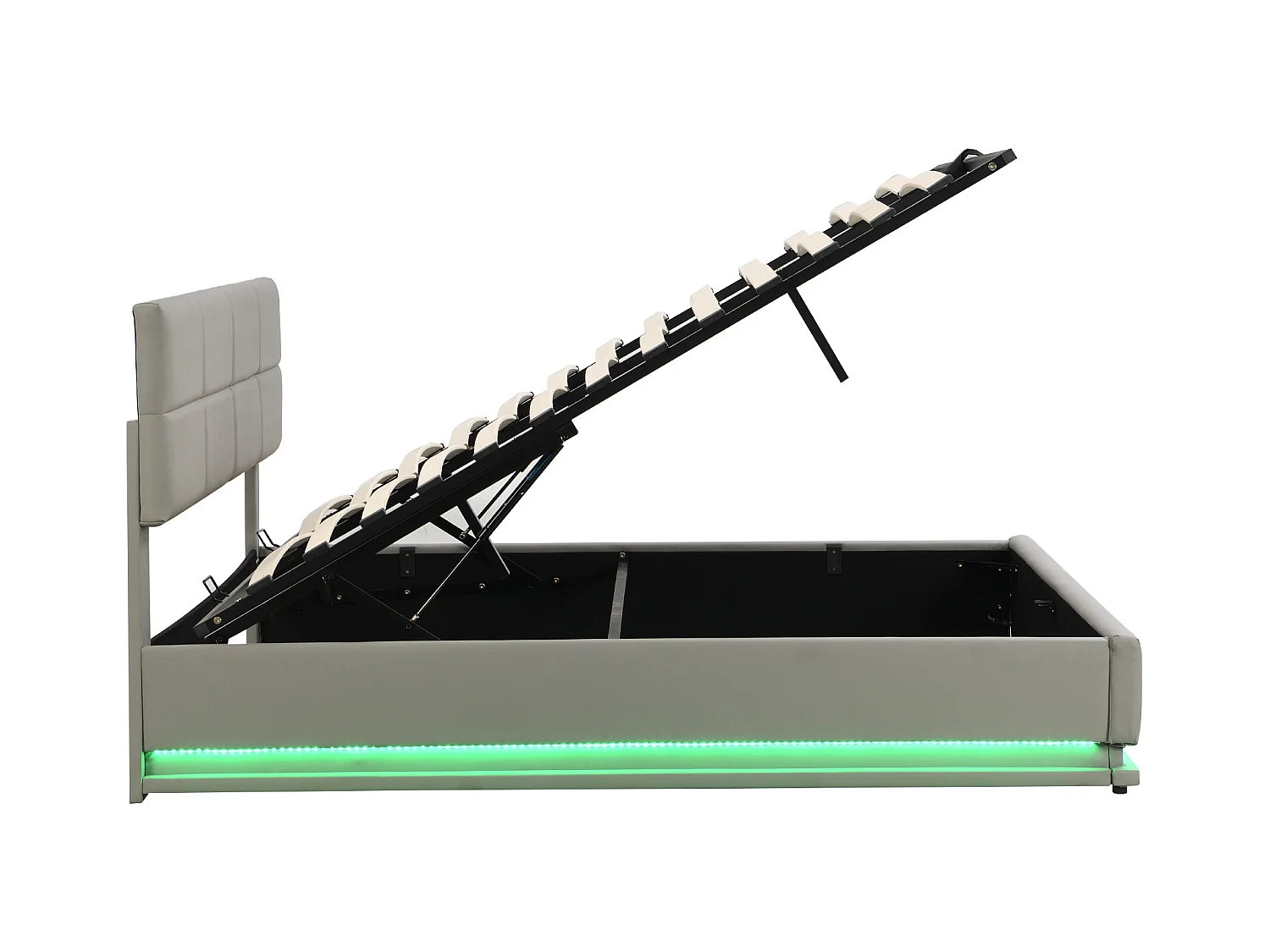 Lit coffre adulte 180x200cm gris clair en PU, tête de lit réglable en hauteur, sommier à lattes, sans matelas