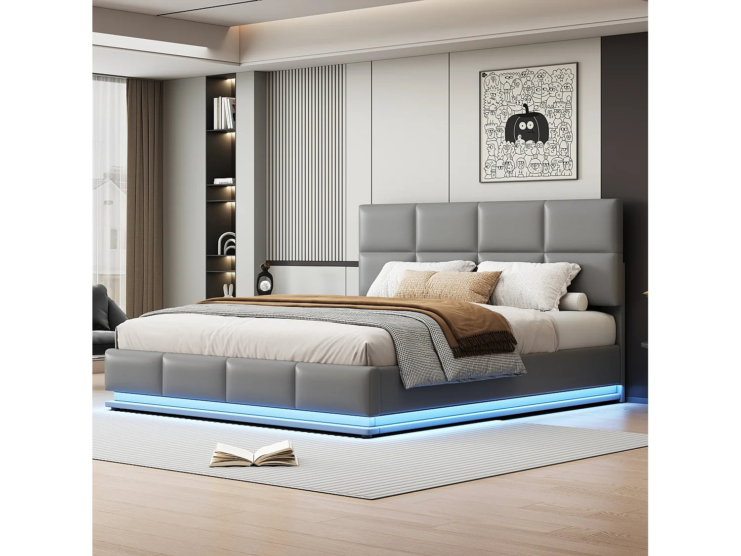 Lit coffre adulte 180x200cm gris clair en PU, tête de lit réglable en hauteur, sommier à lattes, sans matelas