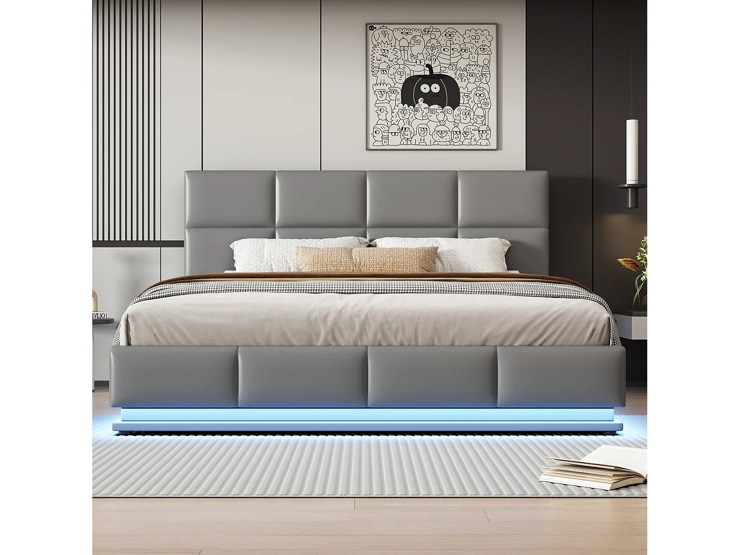Lit coffre adulte 180x200cm gris clair en PU, tête de lit réglable en hauteur, sommier à lattes, sans matelas