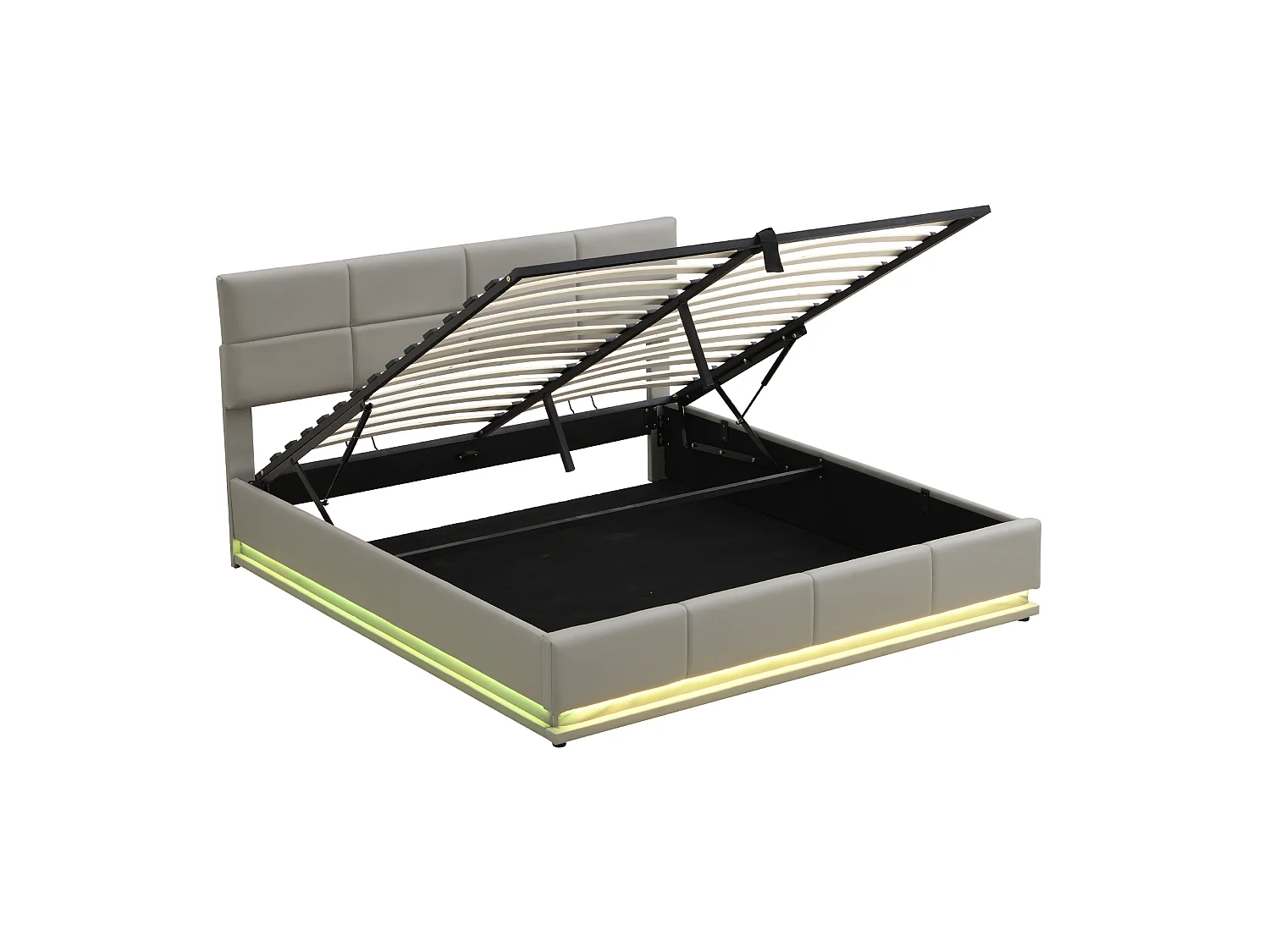Lit coffre adulte 180x200cm gris clair en PU, tête de lit réglable en hauteur, sommier à lattes, sans matelas
