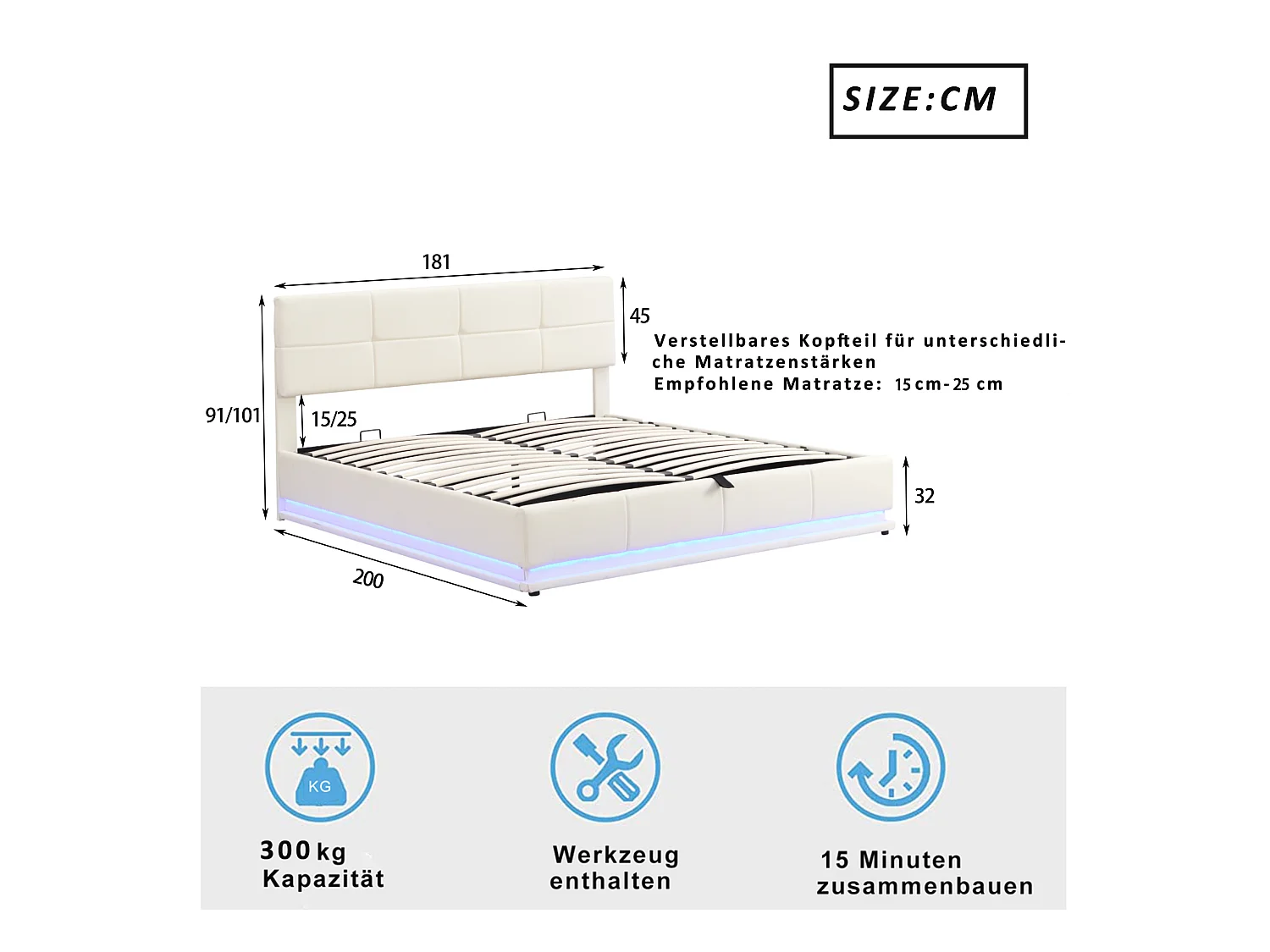 Lit coffre adulte 180x200cm beige en PU, tête de lit réglable en hauteur, sommier à lattes, sans matelas