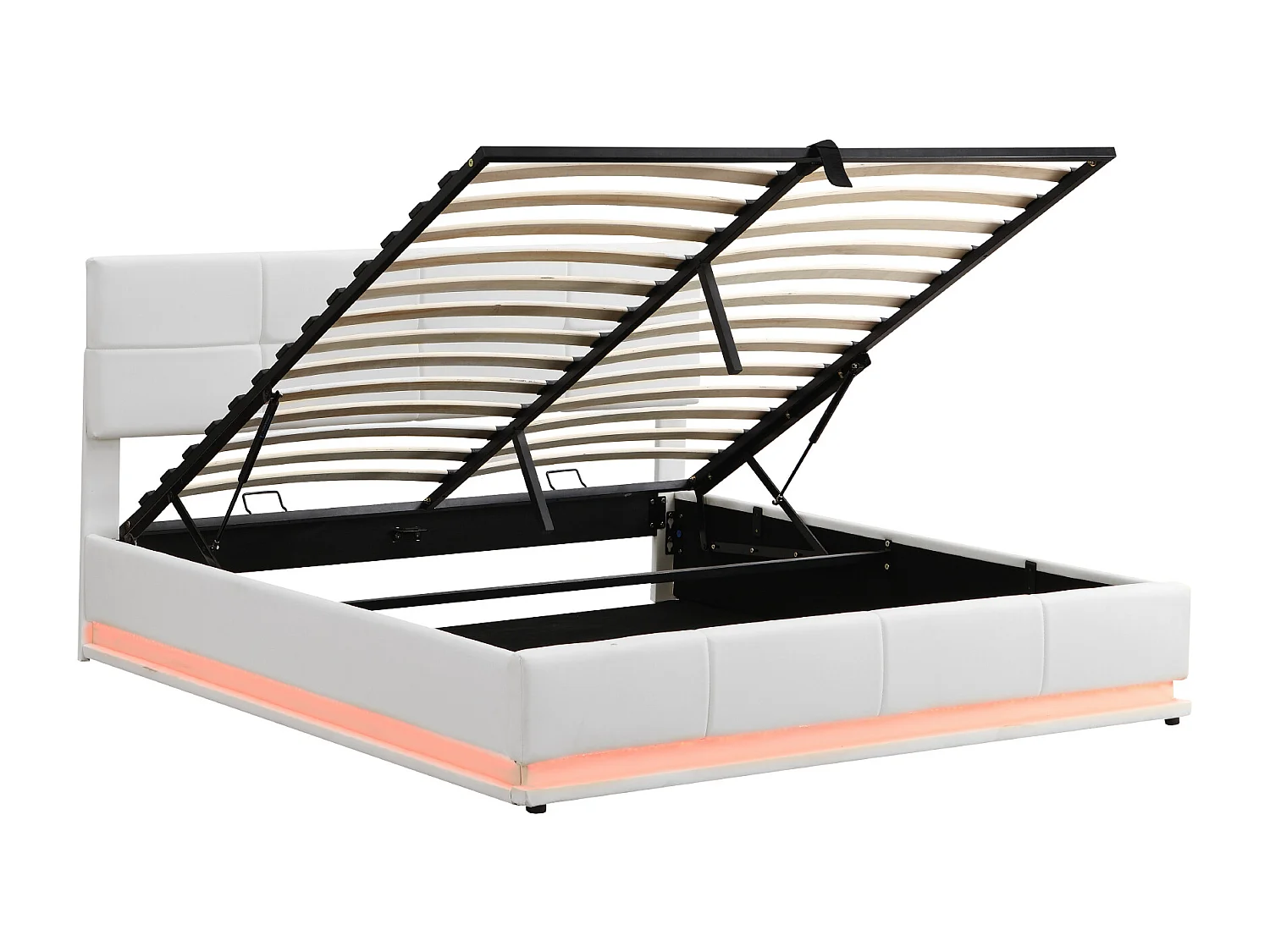 Lit coffre adulte 180x200cm blanc en PU, tête de lit réglable en hauteur, sommier à lattes, sans matelas