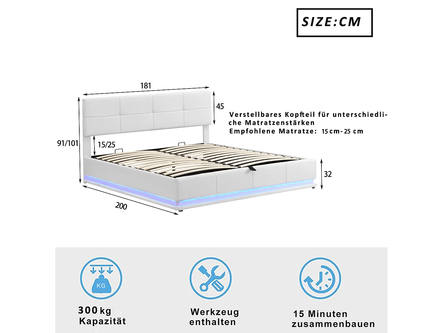 Lit coffre adulte 180x200cm blanc en PU, tête de lit réglable en hauteur, sommier à lattes, sans matelas