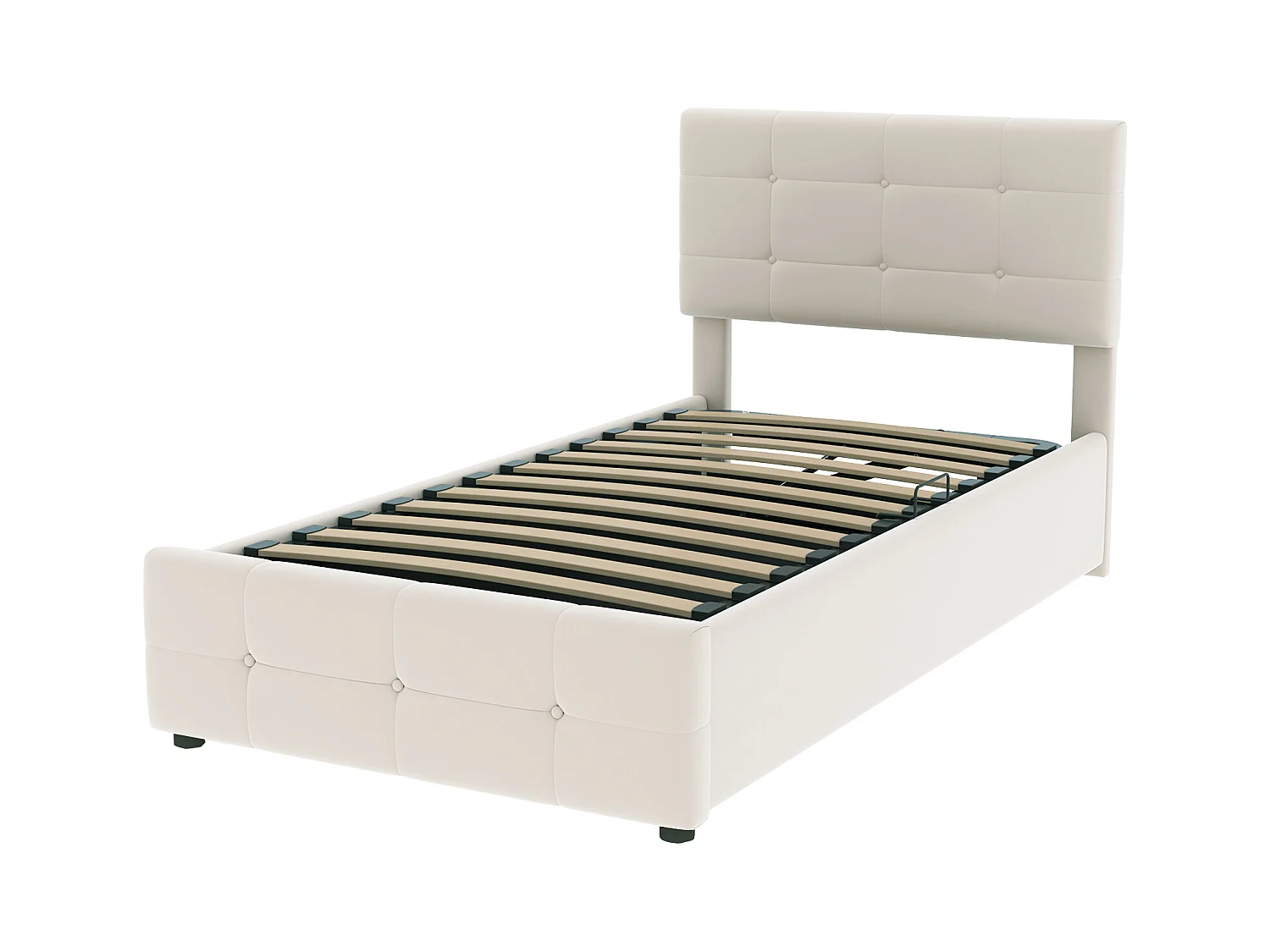 Lit coffre enfant 90x200cm beige en velours, tête de lit réglable en hauteur, sommier à lattes, sans matelas