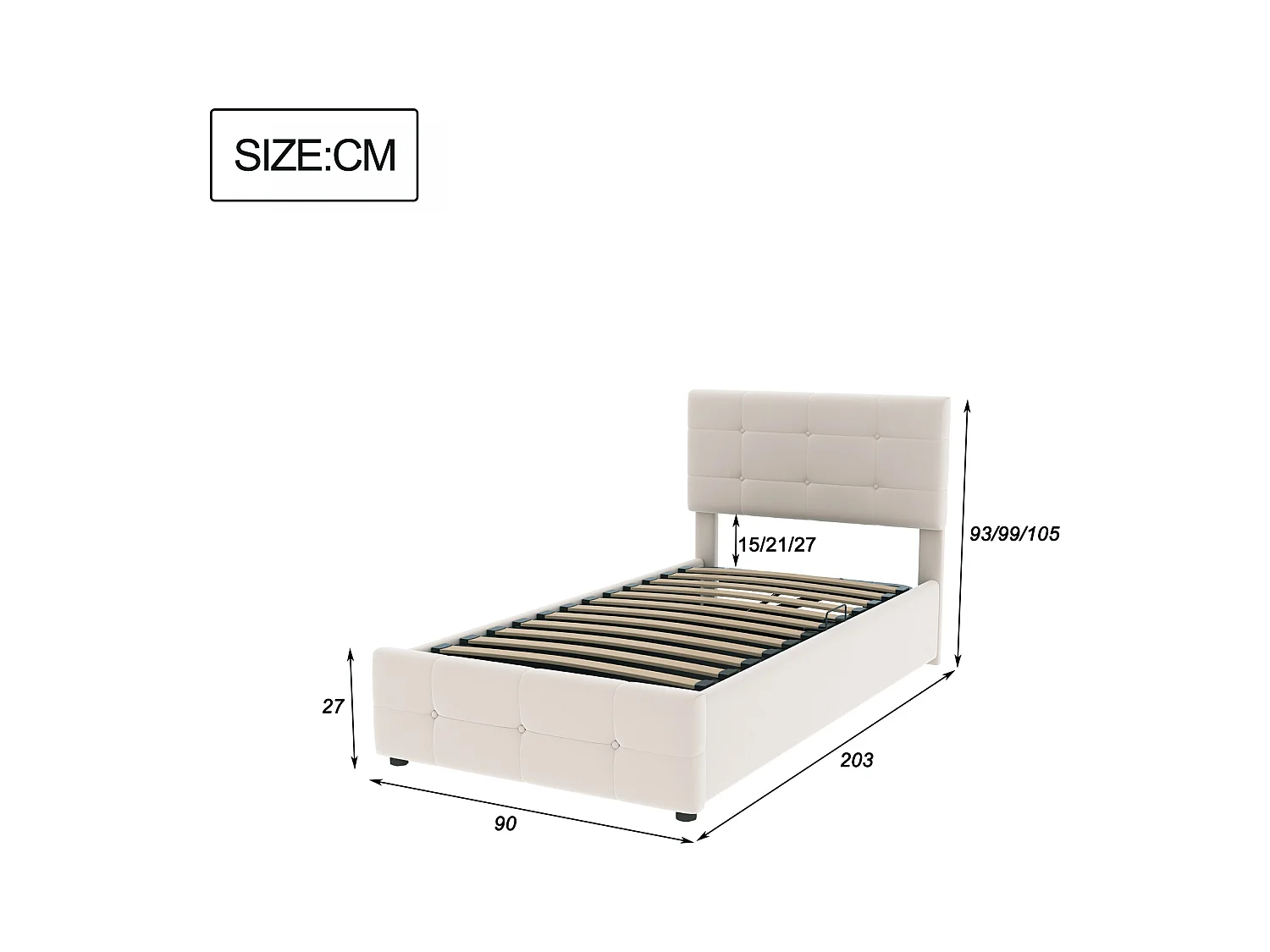 Lit coffre enfant 90x200cm beige en velours, tête de lit réglable en hauteur, sommier à lattes, sans matelas