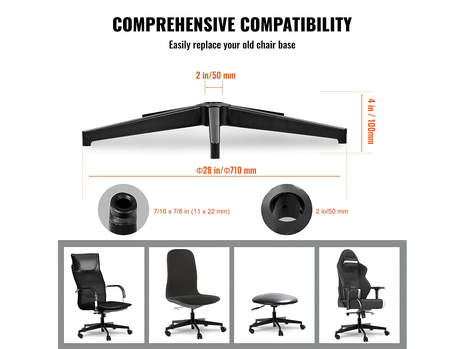 Base de Recambio para Silla de Oficina SucceBuy, 710 mm, Robusta Base de Taburete Metálica, 1134 kg