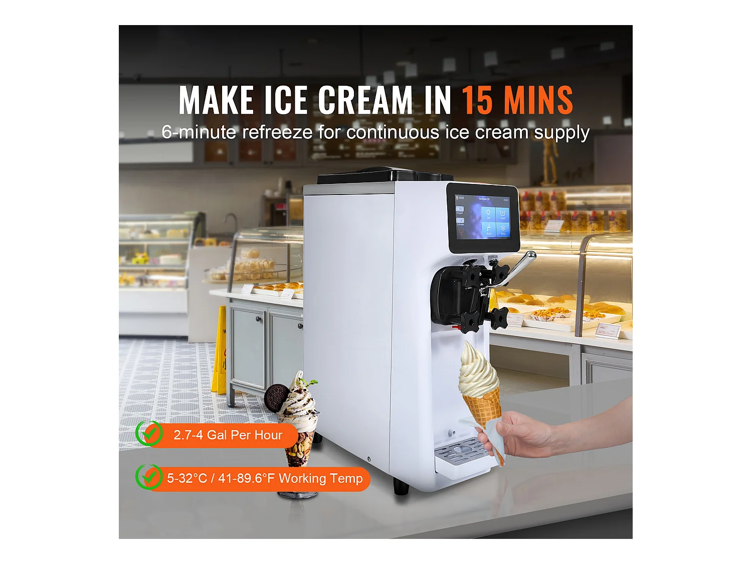 Weich-Eismaschine SucceBuy, 10 L/h 900 W, 1 Geschmack, Automatische Vorkühlung mit Touchscreen, für Sundae Joghurt