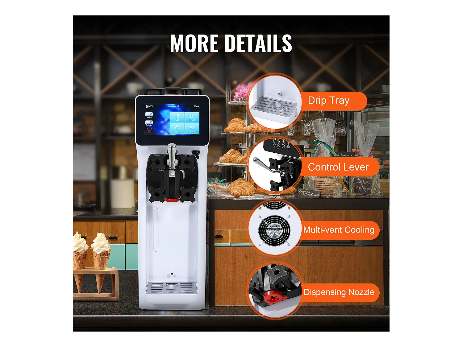 Weich-Eismaschine SucceBuy, 10 L/h 900 W, 1 Geschmack, Automatische Vorkühlung mit Touchscreen, für Sundae Joghurt