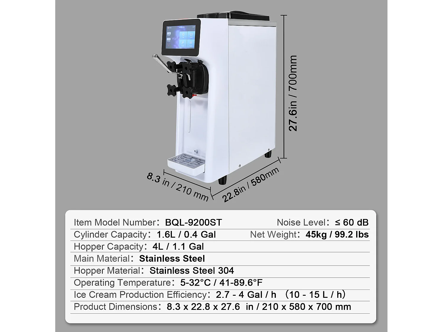 Machine à Crème Glacée Molle SucceBuy, 10 L/h 900 W, 1 Saveur, Pré-Réfrigération Automatique à Écran Tactile, pour Sundae Yaourt