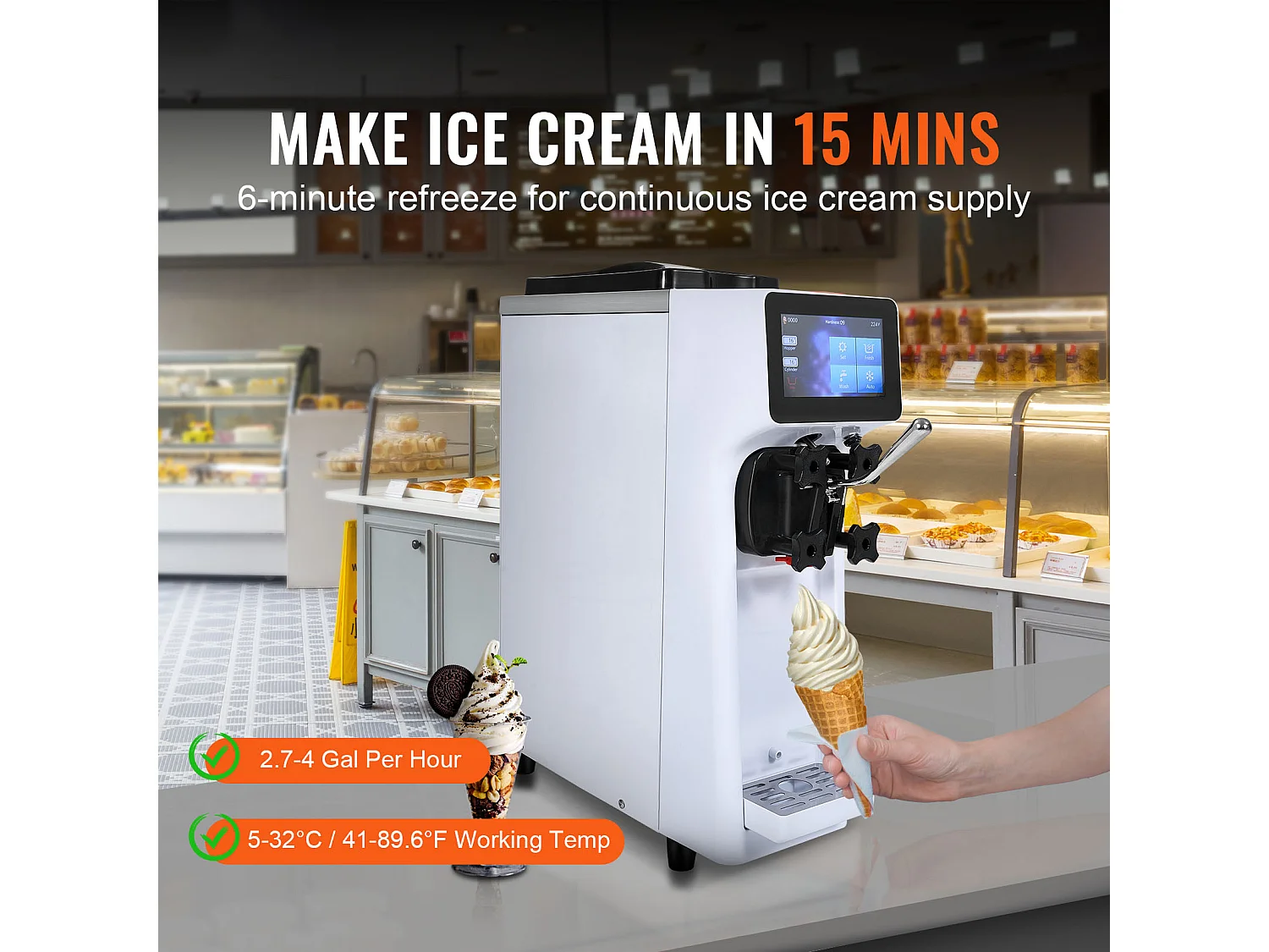 Machine à Crème Glacée Molle SucceBuy, 10 L/h 900 W, 1 Saveur, Pré-Réfrigération Automatique à Écran Tactile, pour Sundae Yaourt