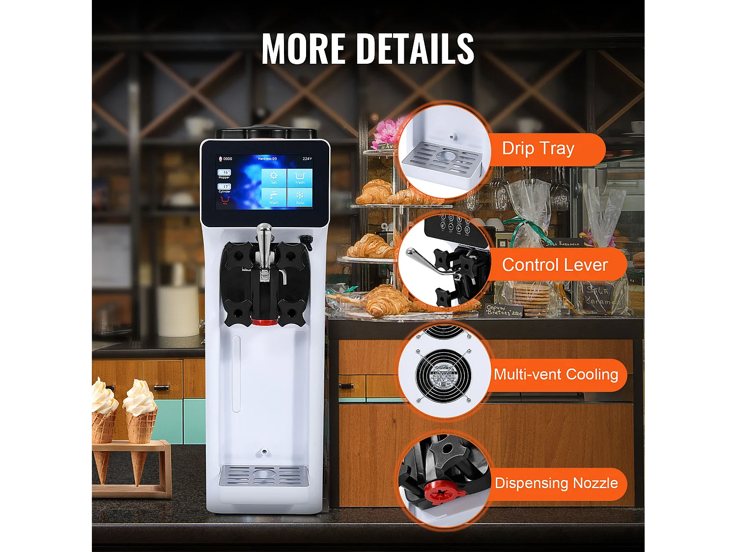 Machine à Crème Glacée Molle SucceBuy, 10 L/h 900 W, 1 Saveur, Pré-Réfrigération Automatique à Écran Tactile, pour Sundae Yaourt