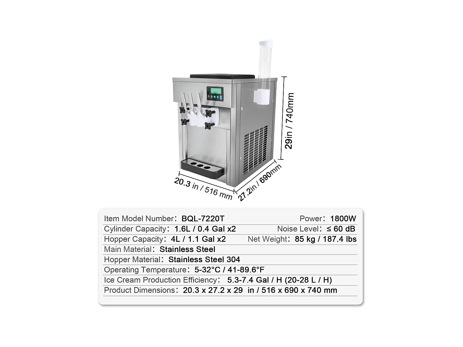 Machine à Crème Glacée Molle SucceBuy, 20 L/h 1800 W 3 Saveurs, Nettoyage Automatique, pour Café Snack-Bar Restaurant Supermarché