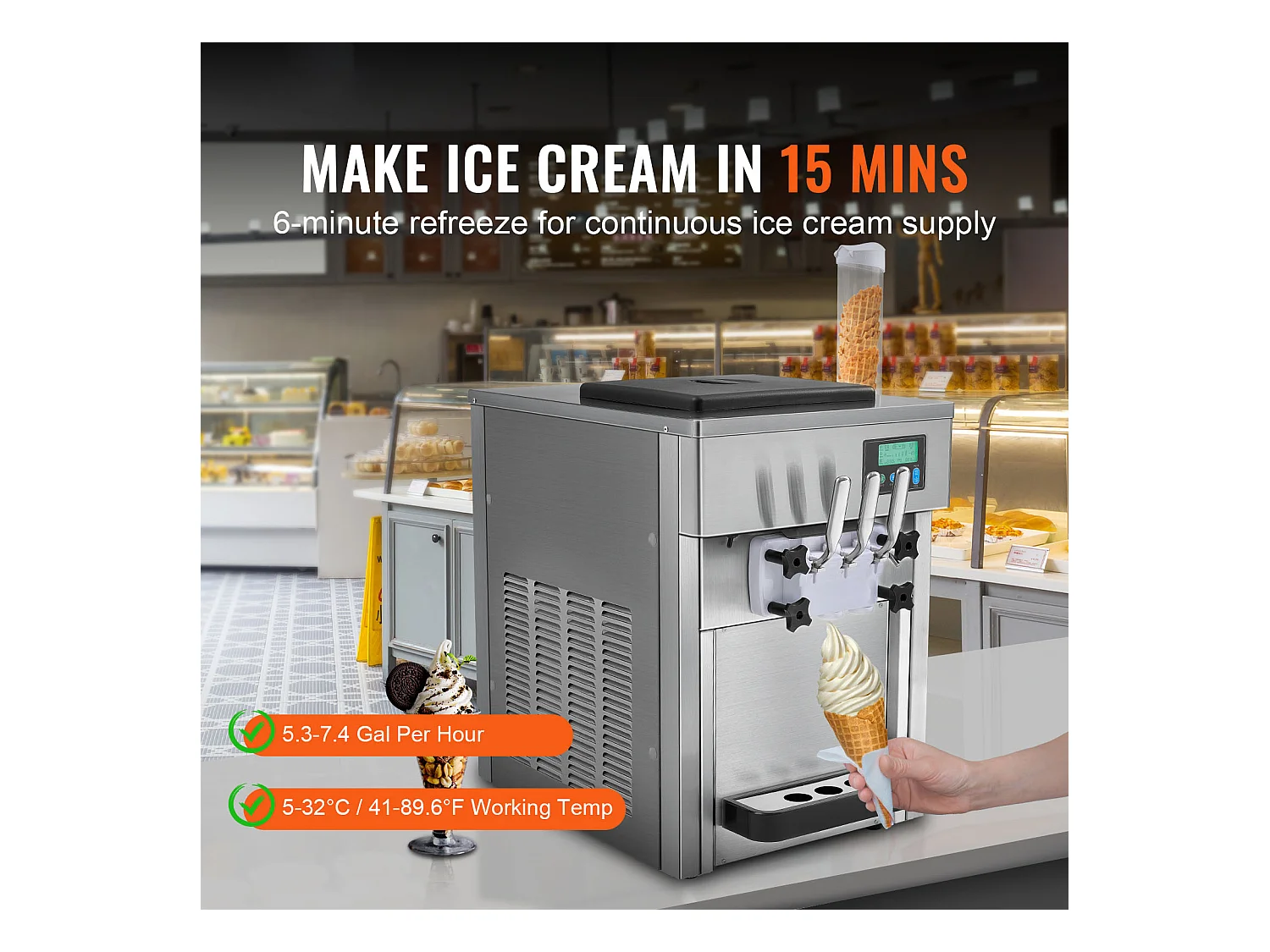 Machine à Crème Glacée Molle SucceBuy, 20 L/h 1800 W 3 Saveurs, Nettoyage Automatique, pour Café Snack-Bar Restaurant Supermarché