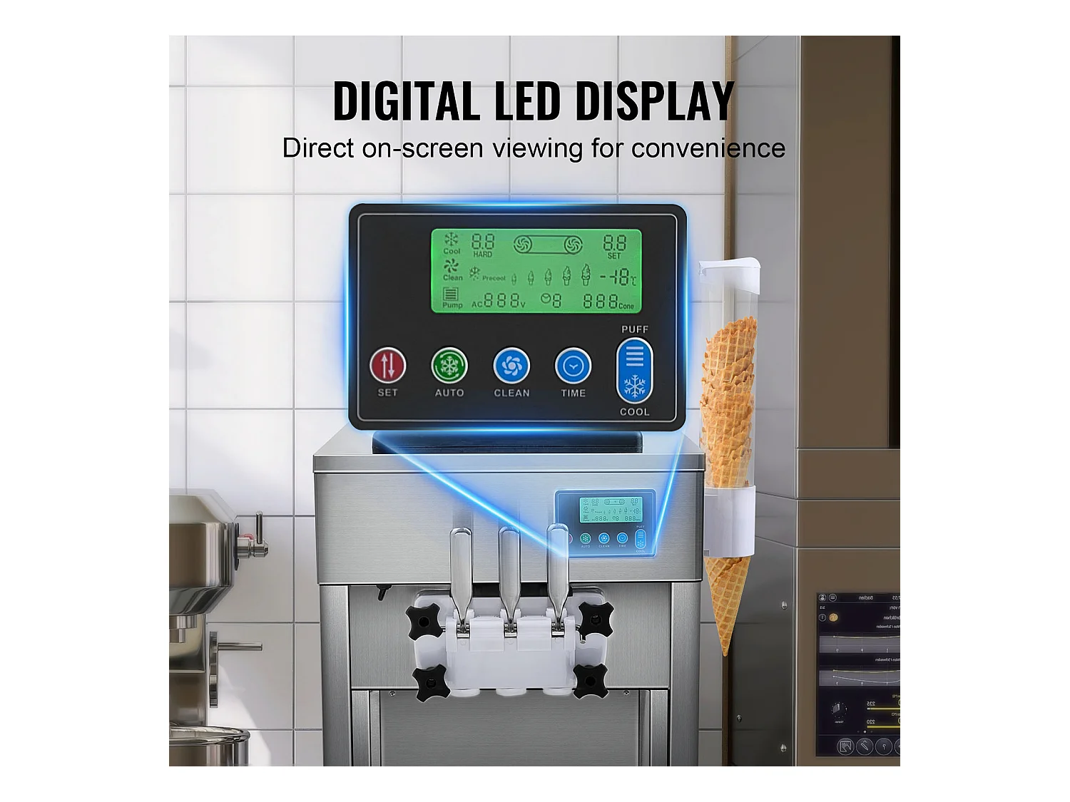 Machine à Crème Glacée Molle SucceBuy, 20 L/h 1800 W 3 Saveurs, Nettoyage Automatique, pour Café Snack-Bar Restaurant Supermarché