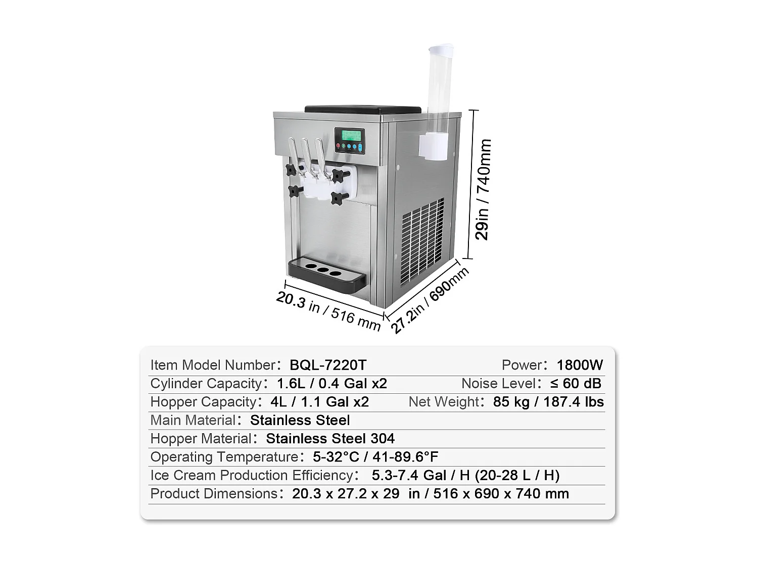 Machine à Crème Glacée Molle SucceBuy, 20 L/h 1800 W 3 Saveurs, Nettoyage Automatique, pour Café Snack-Bar Restaurant Supermarché