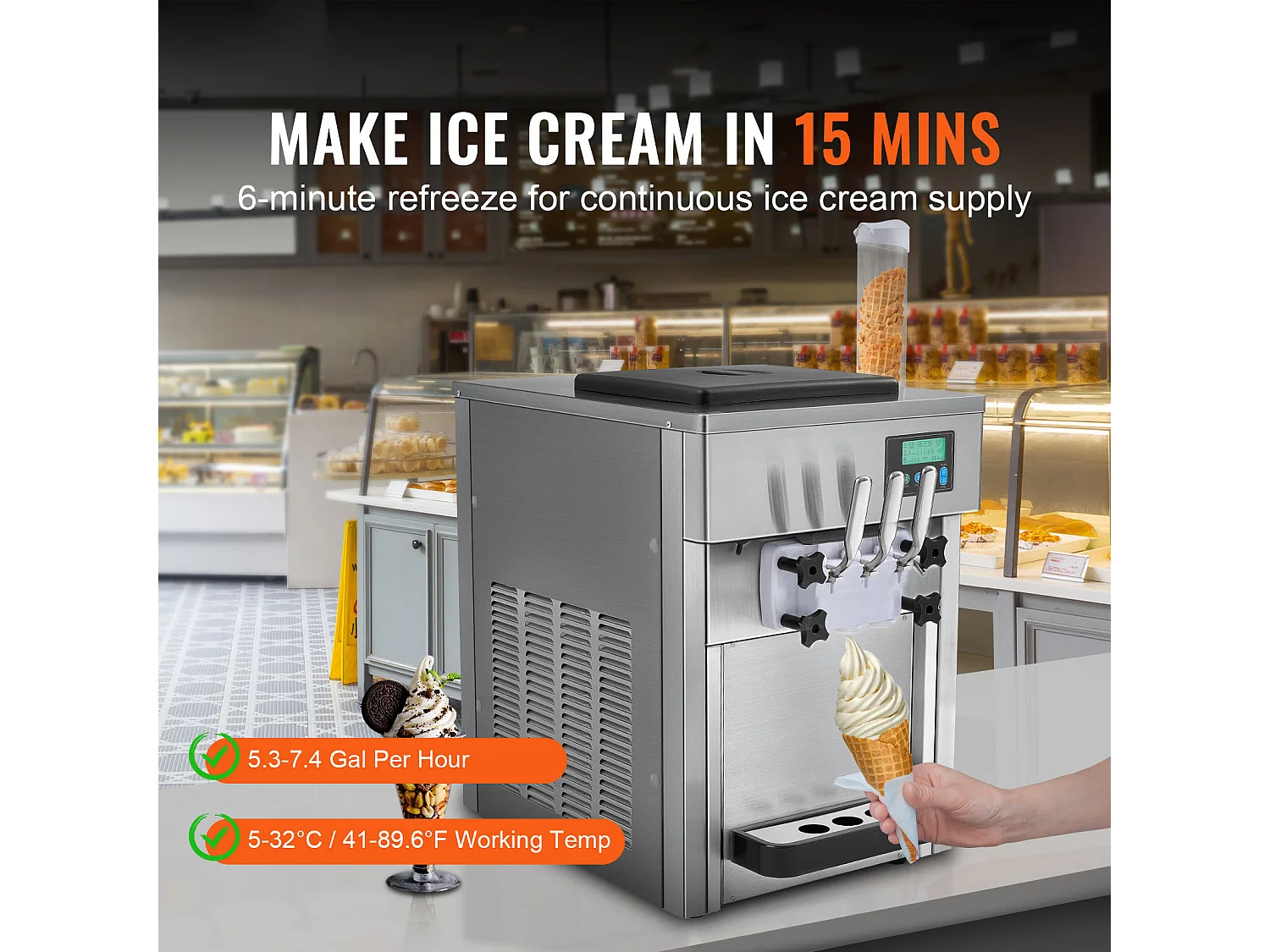 Machine à Crème Glacée Molle SucceBuy, 20 L/h 1800 W 3 Saveurs, Nettoyage Automatique, pour Café Snack-Bar Restaurant Supermarché