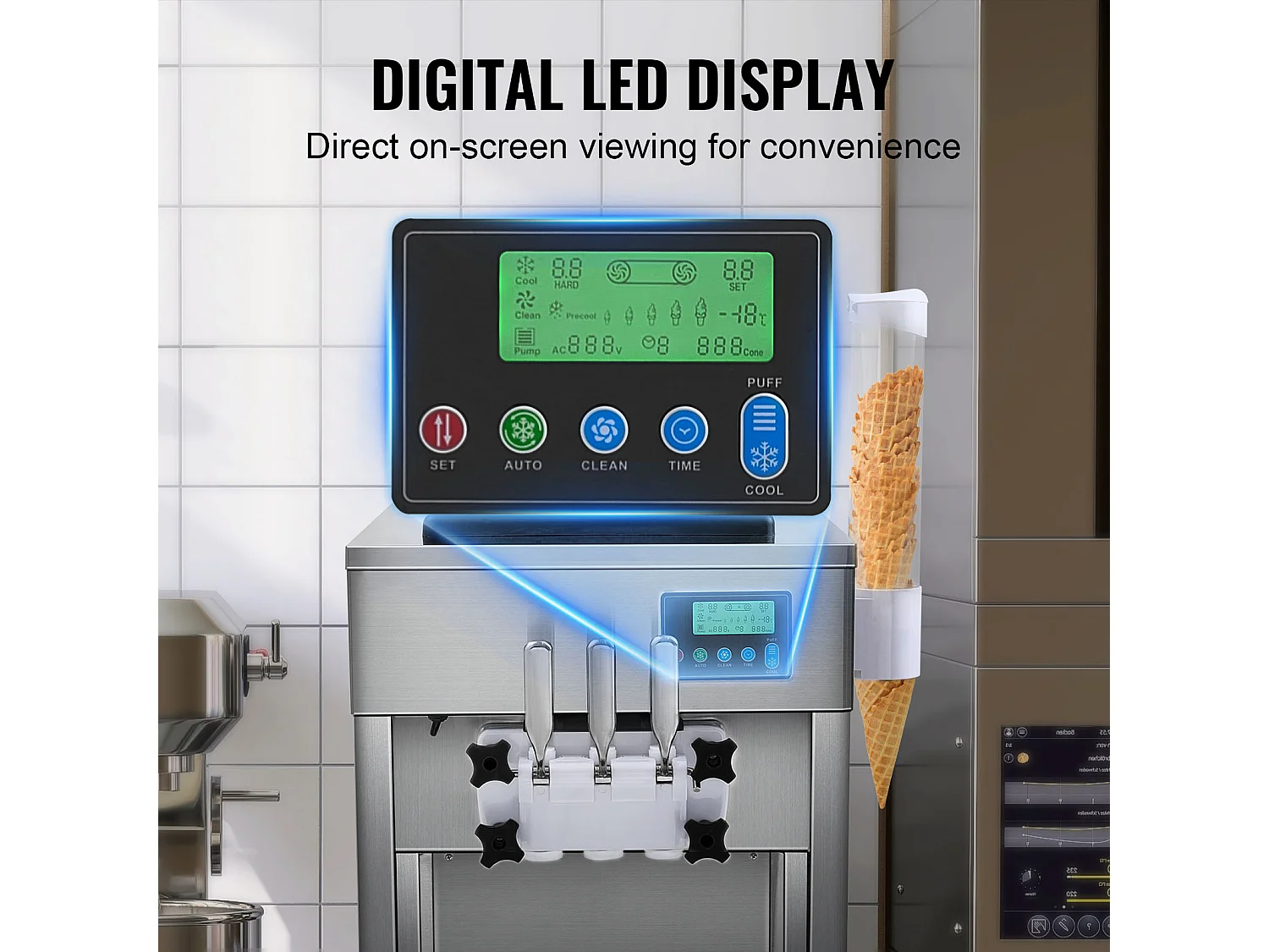 Machine à Crème Glacée Molle SucceBuy, 20 L/h 1800 W 3 Saveurs, Nettoyage Automatique, pour Café Snack-Bar Restaurant Supermarché