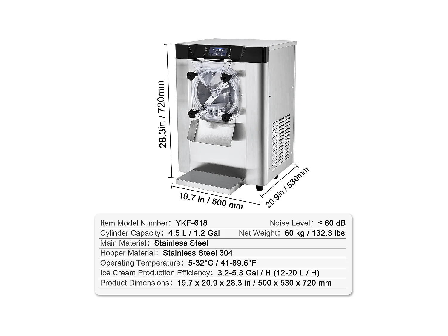 Machine à Crème Glacée SucceBuy, 12 L/h, 1295 W, Pré-refroidissement Automatique, Panneau LED, pour Snack-bars