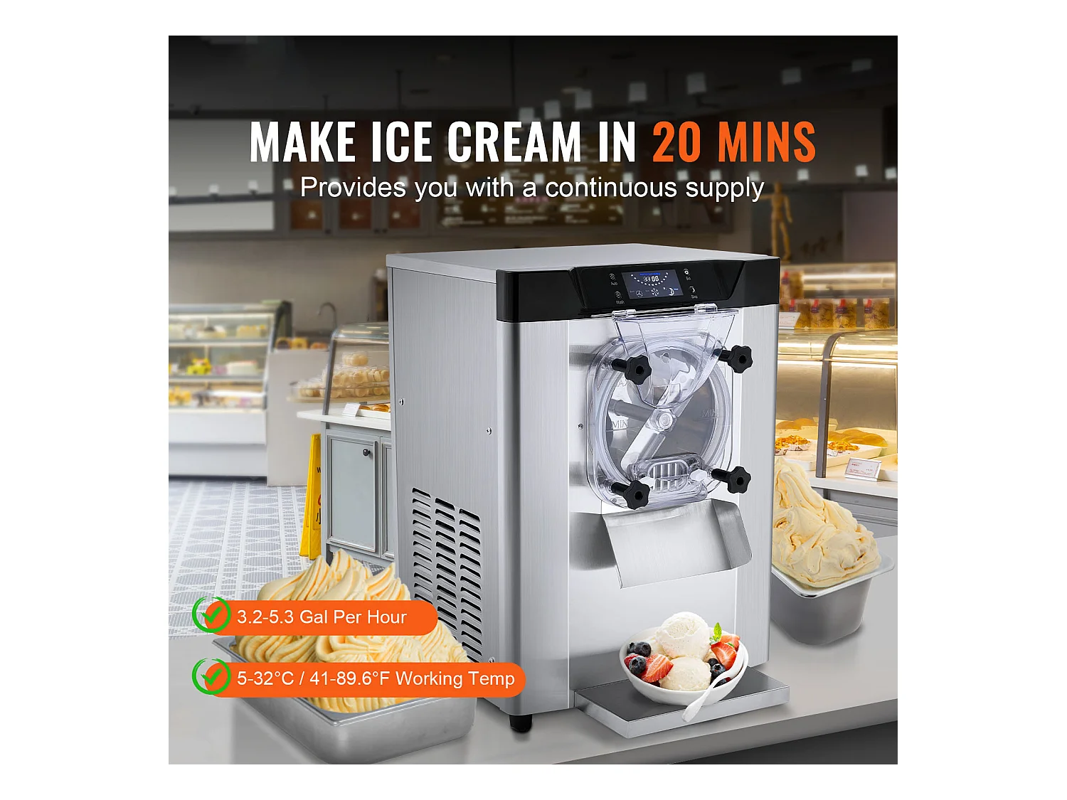 Machine à Crème Glacée SucceBuy, 12 L/h, 1295 W, Pré-refroidissement Automatique, Panneau LED, pour Snack-bars