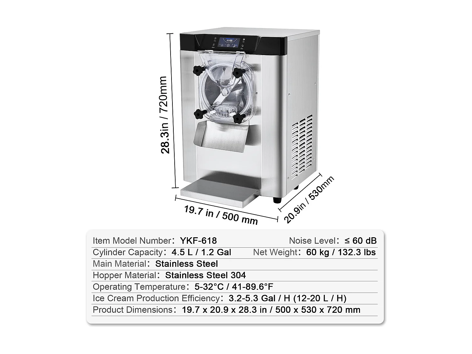 Machine à Crème Glacée SucceBuy, 12 L/h, 1295 W, Pré-refroidissement Automatique, Panneau LED, pour Snack-bars
