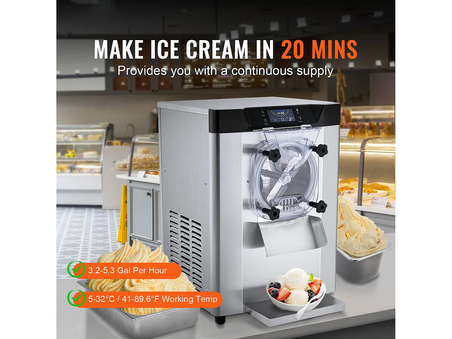 Machine à Crème Glacée SucceBuy, 12 L/h, 1295 W, Pré-refroidissement Automatique, Panneau LED, pour Snack-bars
