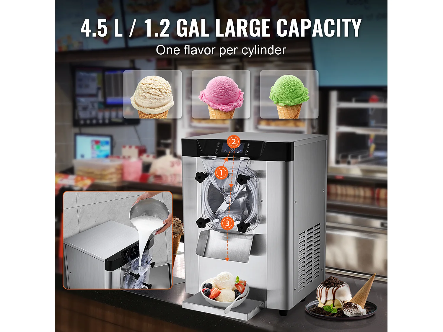 Machine à Crème Glacée SucceBuy, 12 L/h, 1295 W, Pré-refroidissement Automatique, Panneau LED, pour Snack-bars