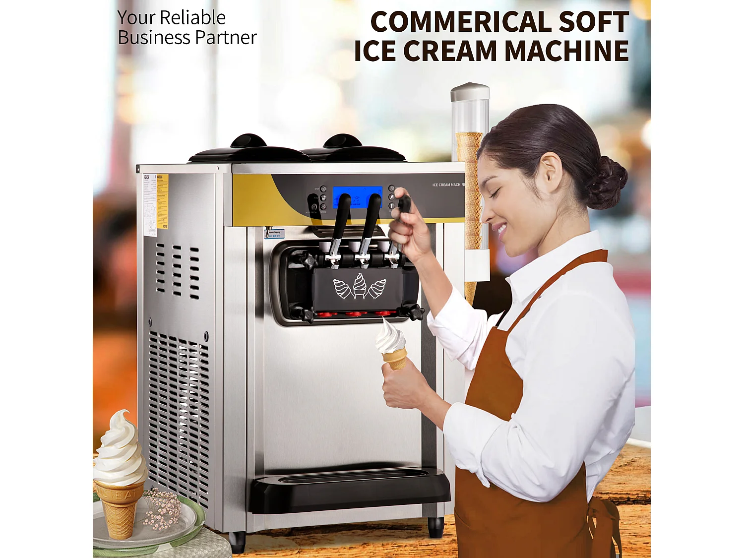 Machine à Crème Glacée Molle SucceBuy, 22-30 L/H, 2200 W, Machine à Glace Italienne Commerciale Trémie 2x6 L