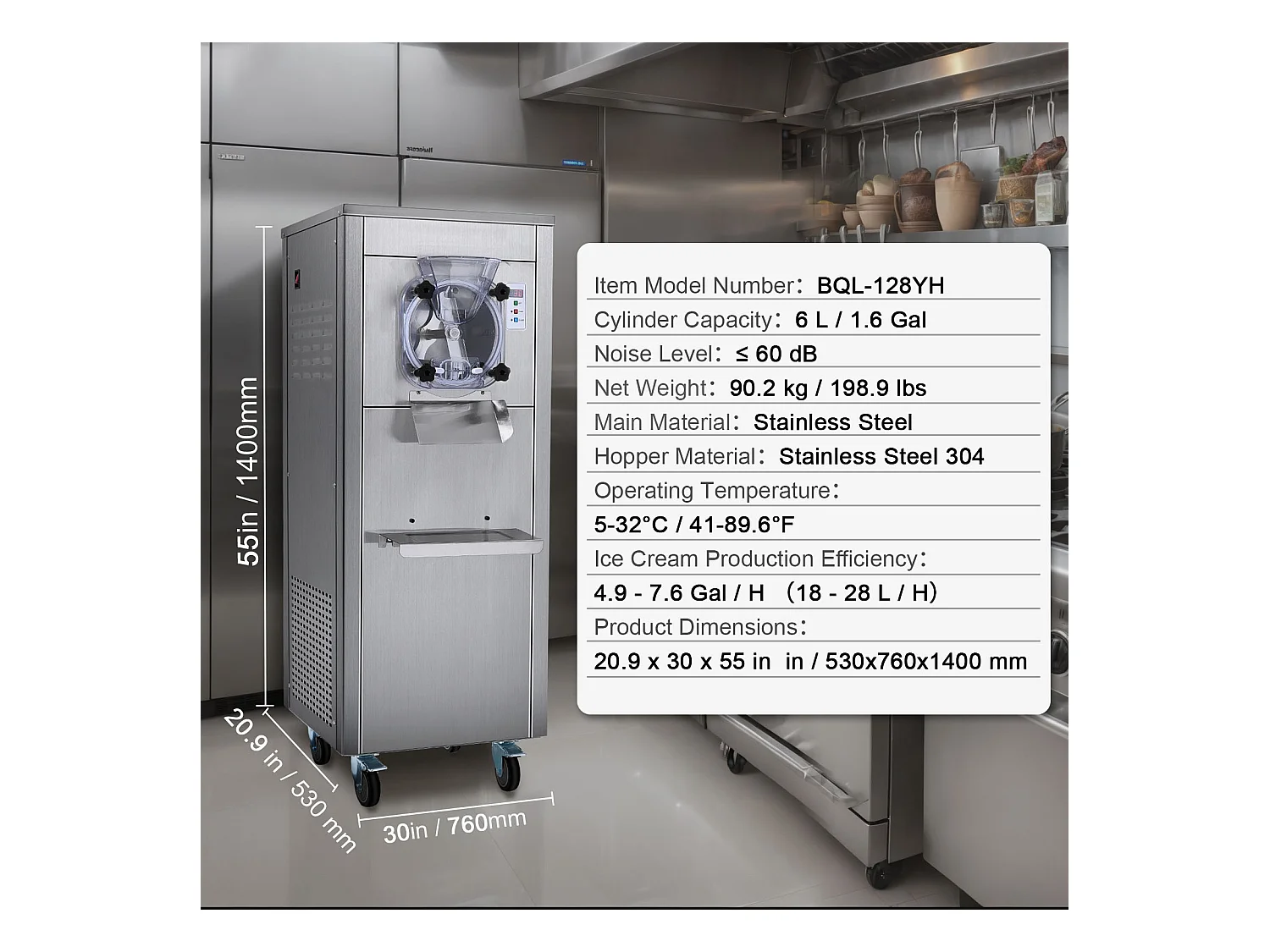 Machine à Crème Glacée Dure Commerciale SucceBuy, 18 L/h, 1600 W, avec Roues, Pré-refroidissement Automatique, Panneau LED