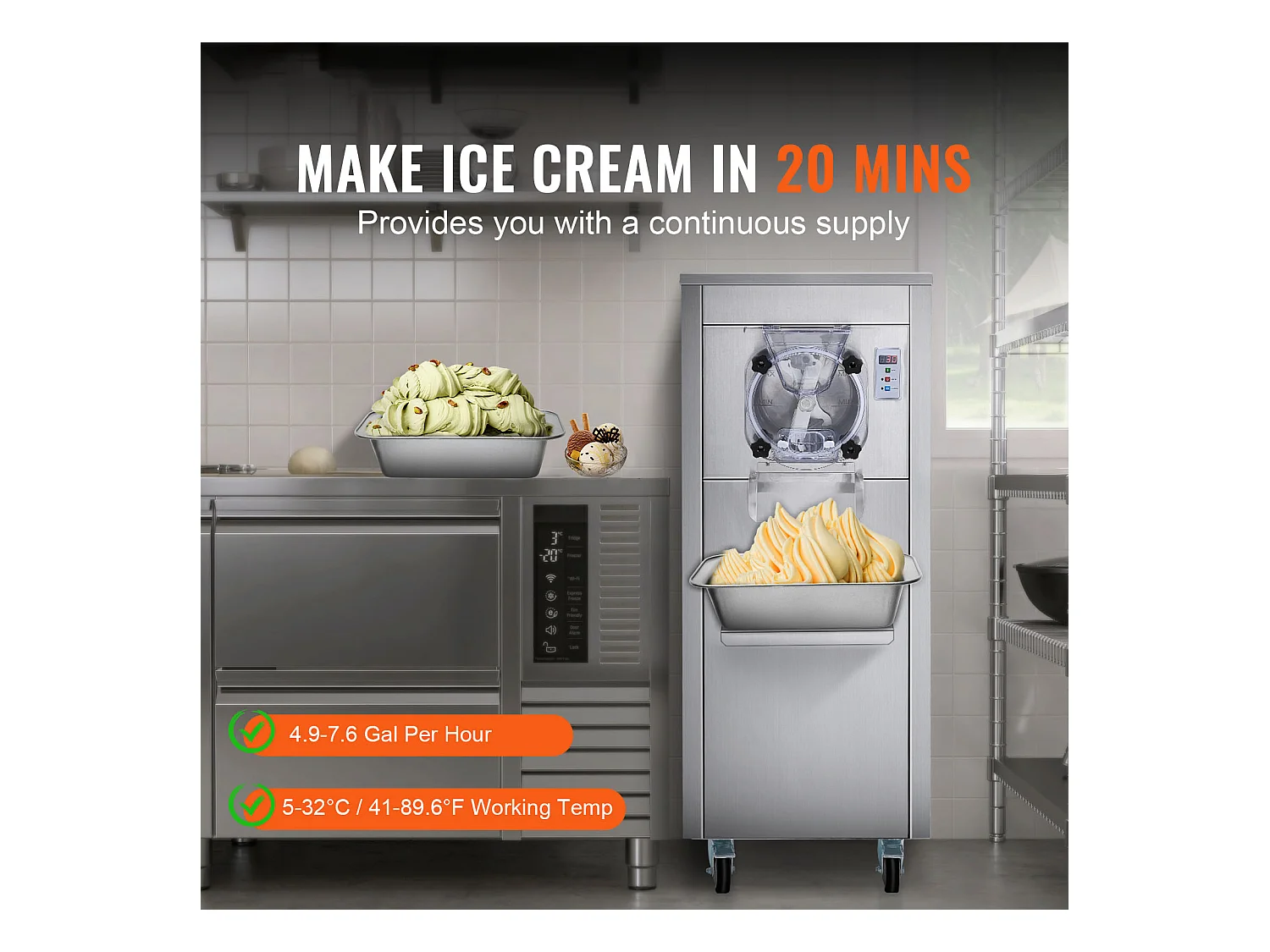 Machine à Crème Glacée Dure Commerciale SucceBuy, 18 L/h, 1600 W, avec Roues, Pré-refroidissement Automatique, Panneau LED